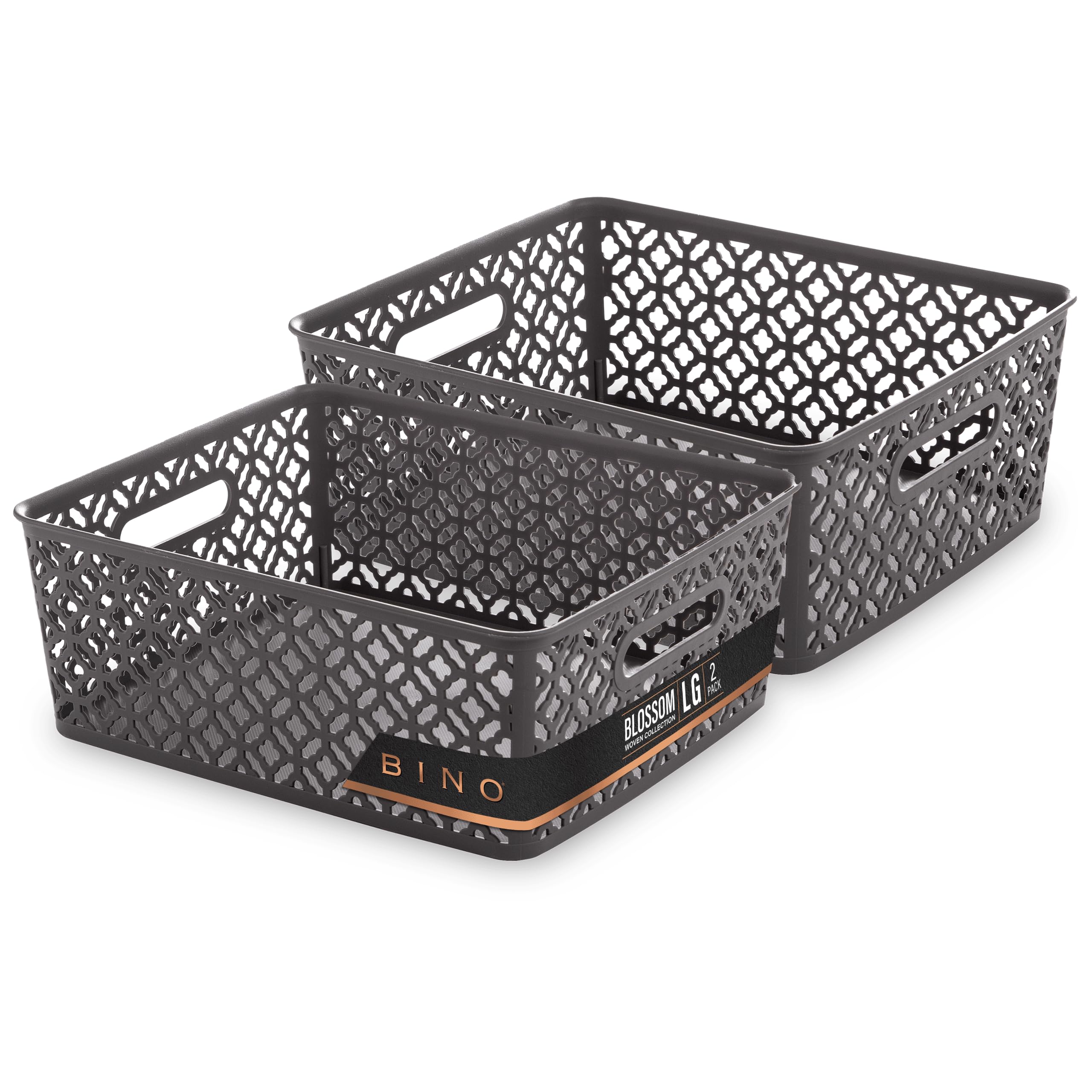 Bino L Plastic Storage Baskets, Large - Grey L The Blossom Collection L Multi-Use Organizer Bin L Built-In Handles L Plastic Wov