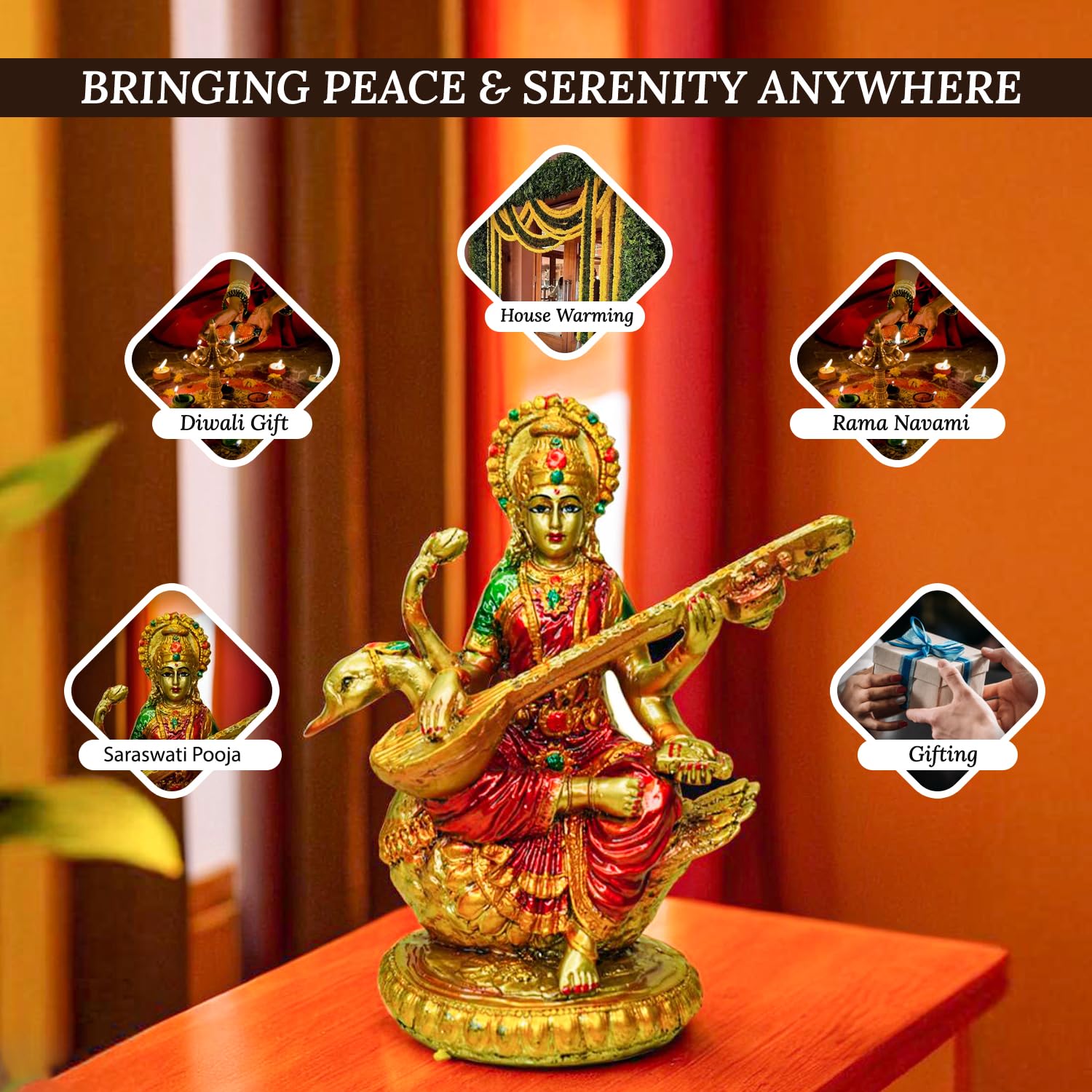 Ekhasa Hand Painted Maa Saraswati Idol (8 Inch) | Gold Marble Dust Saraswati Maa Murti For Study Table, Pooja, Home | Resin Sara