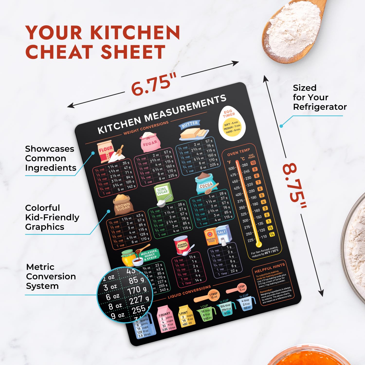 Levain & Co Kitchen Conversion Chart Magnet - Dark for Easier Cooking & Baking - Vintage Useful Gadgets - Cute Accessories - Coo