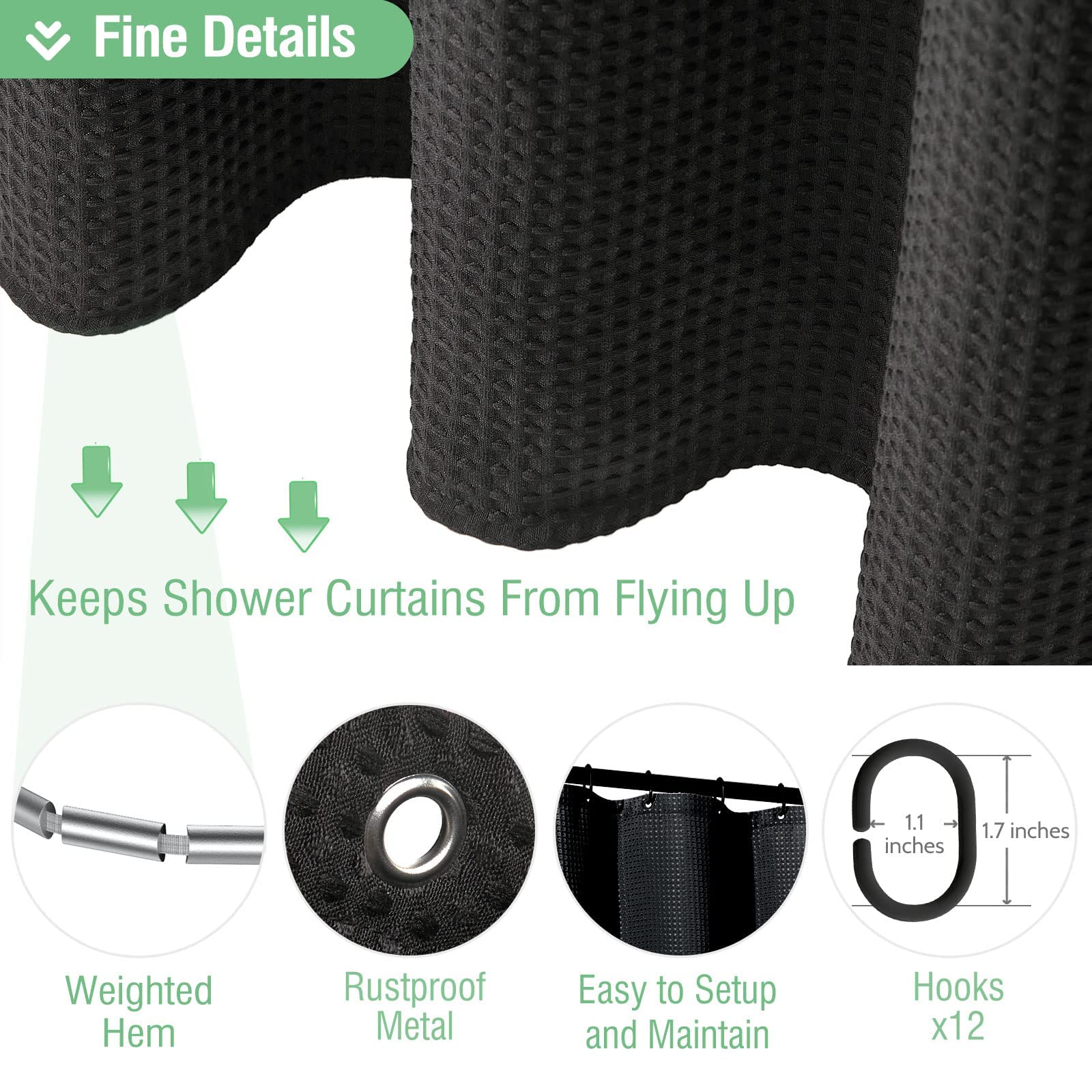 Dynamene Long Black Fabric Shower Curtain - Waffle Textured Tall Heavy Duty Cloth Shower Curtains For Bathroom, 256Gsm Large Hot