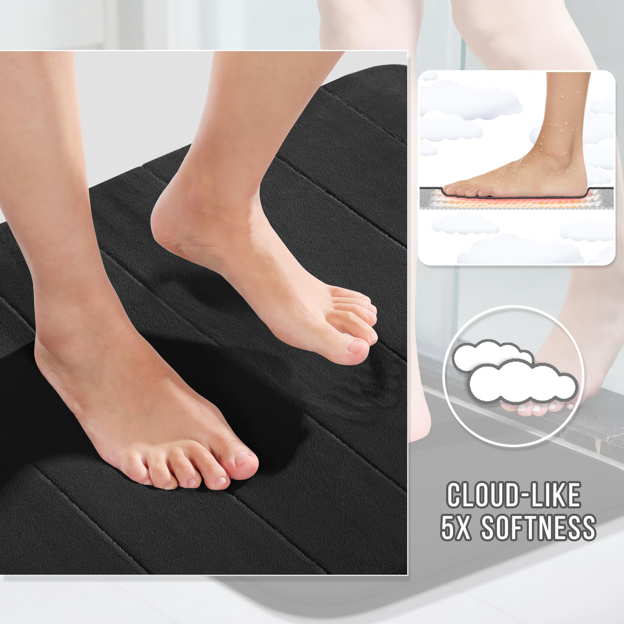 Yimobra 2 Pieces Memory Foam Bathroom Mat Set  Non Slip - Super Water Absorption Soft Bath Mats Rugs  Thick  Dry Fast  Machine Washable for Bathroom Floor Rug  17x24+31.5x19.8 Inches  Black