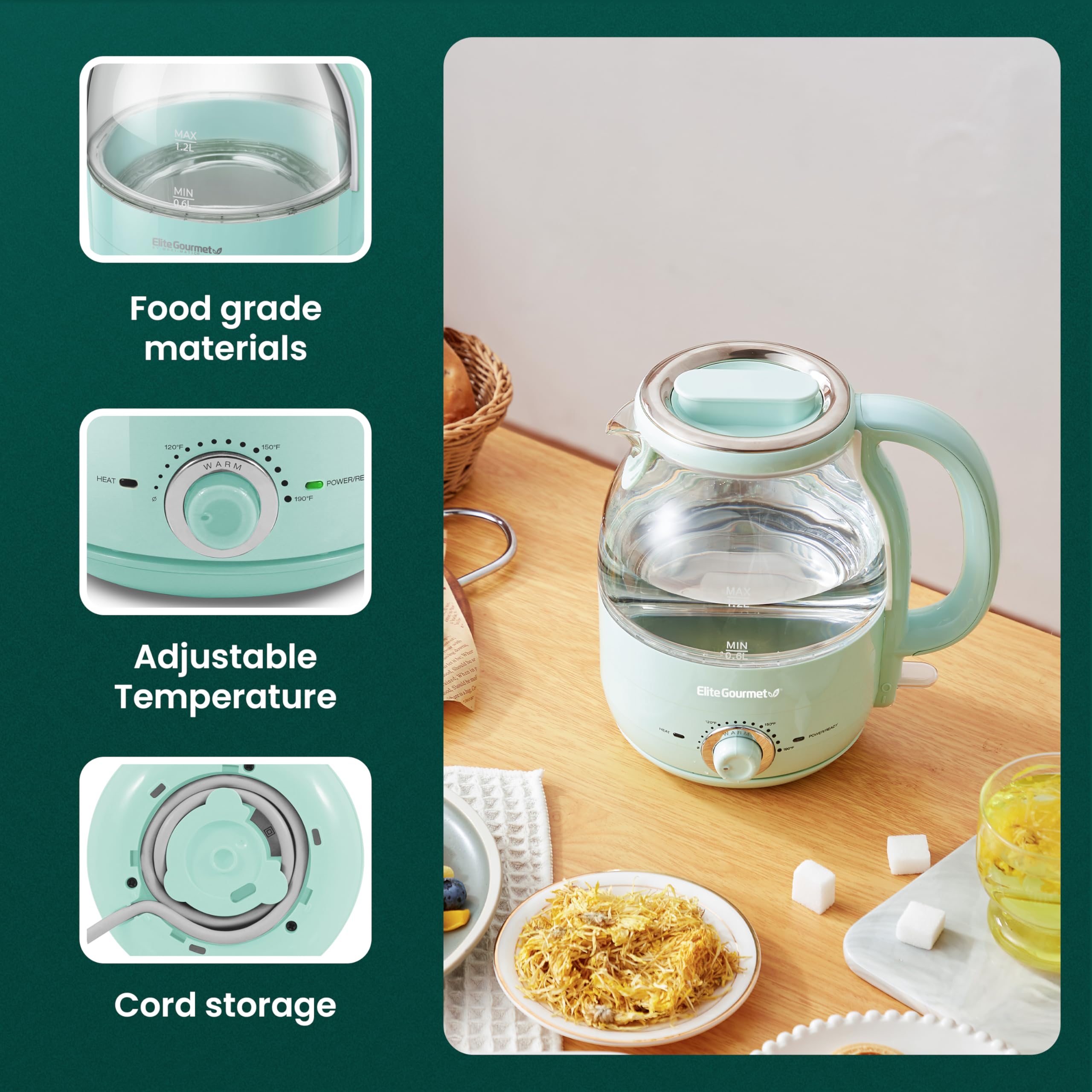 Elite Gourmet Electric Kettle 1.2L BPA-Free Stainless Steel Mint EKT1220M, Auto Shut-Off, Keep Warm, Cordless 360° Base