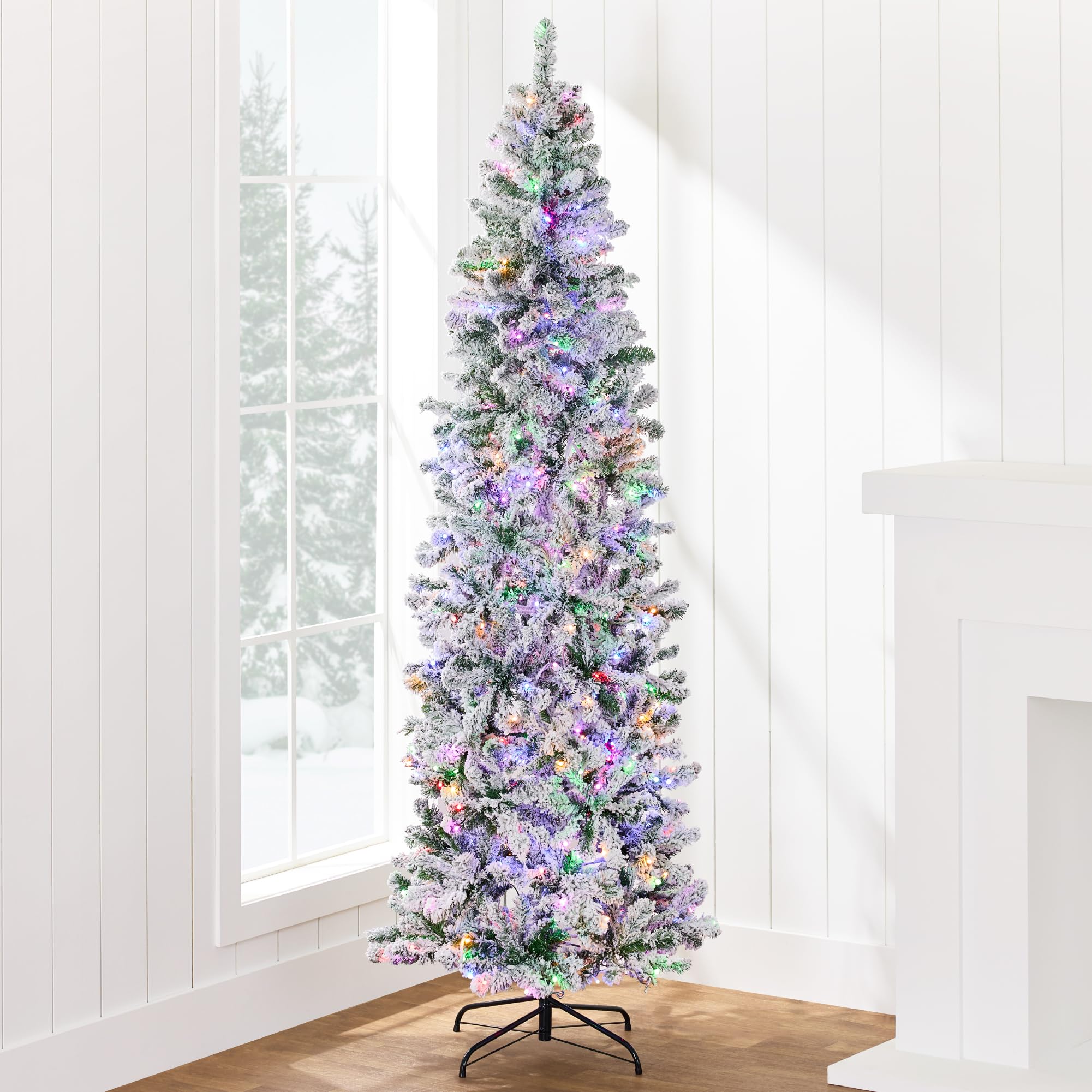 Best Choice Products Flocked Pencil Christmas Tree, Pre-Lit Slim 9ft Artificial Holiday Decoration, 2-in-1 White & Multicolor Li
