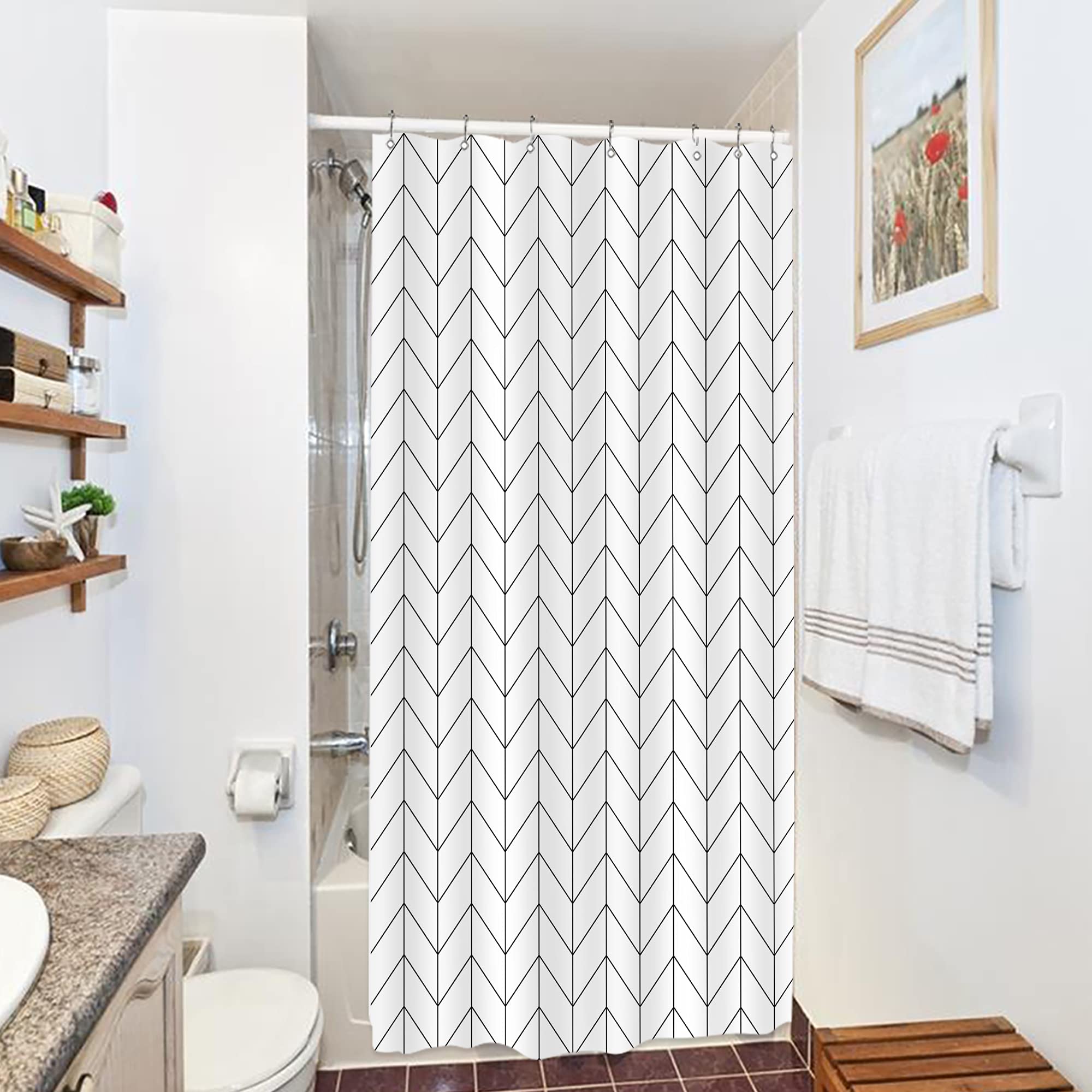 Riyidecor Small Stall 36Wx72H Inch Shower Curtain,Narrow Rv Walkin Black White Herringbone Modern Bathroom Curtains,Half Stand U