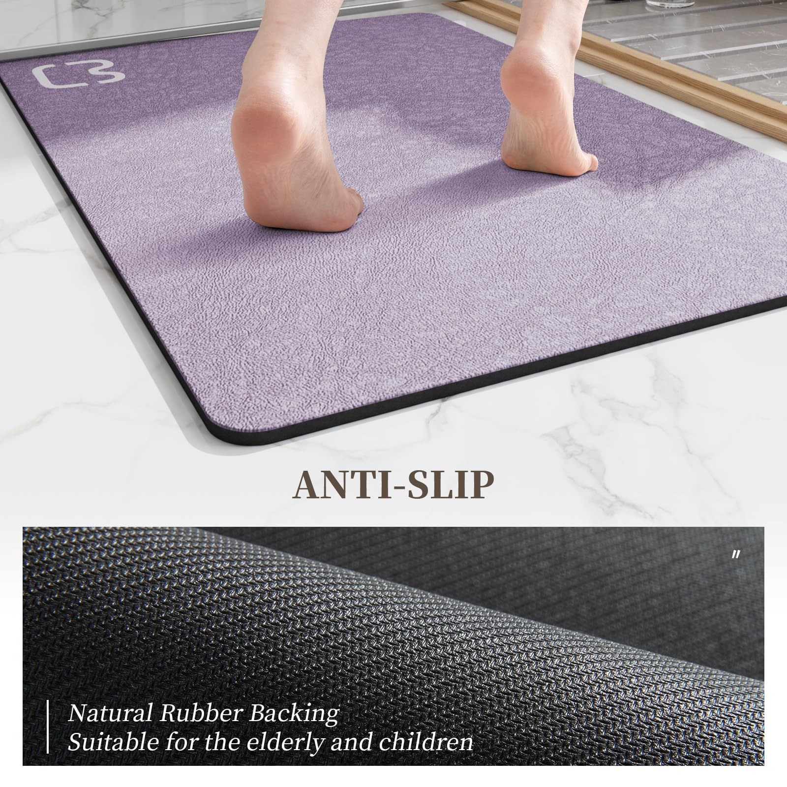 Lavender Diatomaceous Earth Bath Mat 15.7''X47.2'' Extra Long Bathroom Mat Large Fast Dry Super Absorbent Non-Slip Rubber Backed