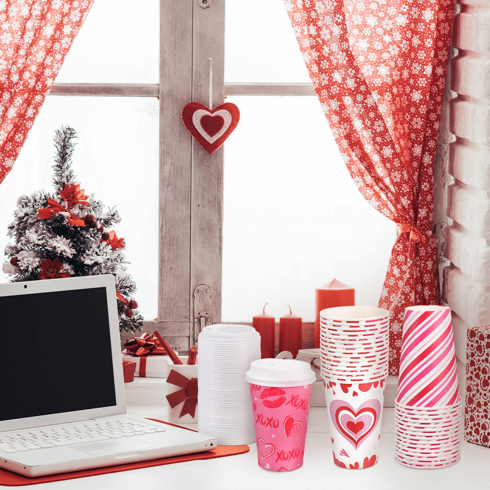 Funtery 60 Set Valentine'S Day Disposable Cups With Lids 12 Oz Pink Paper Beverage Cups Hearts Hot Chocolate Cocoa Hot Tea Conta