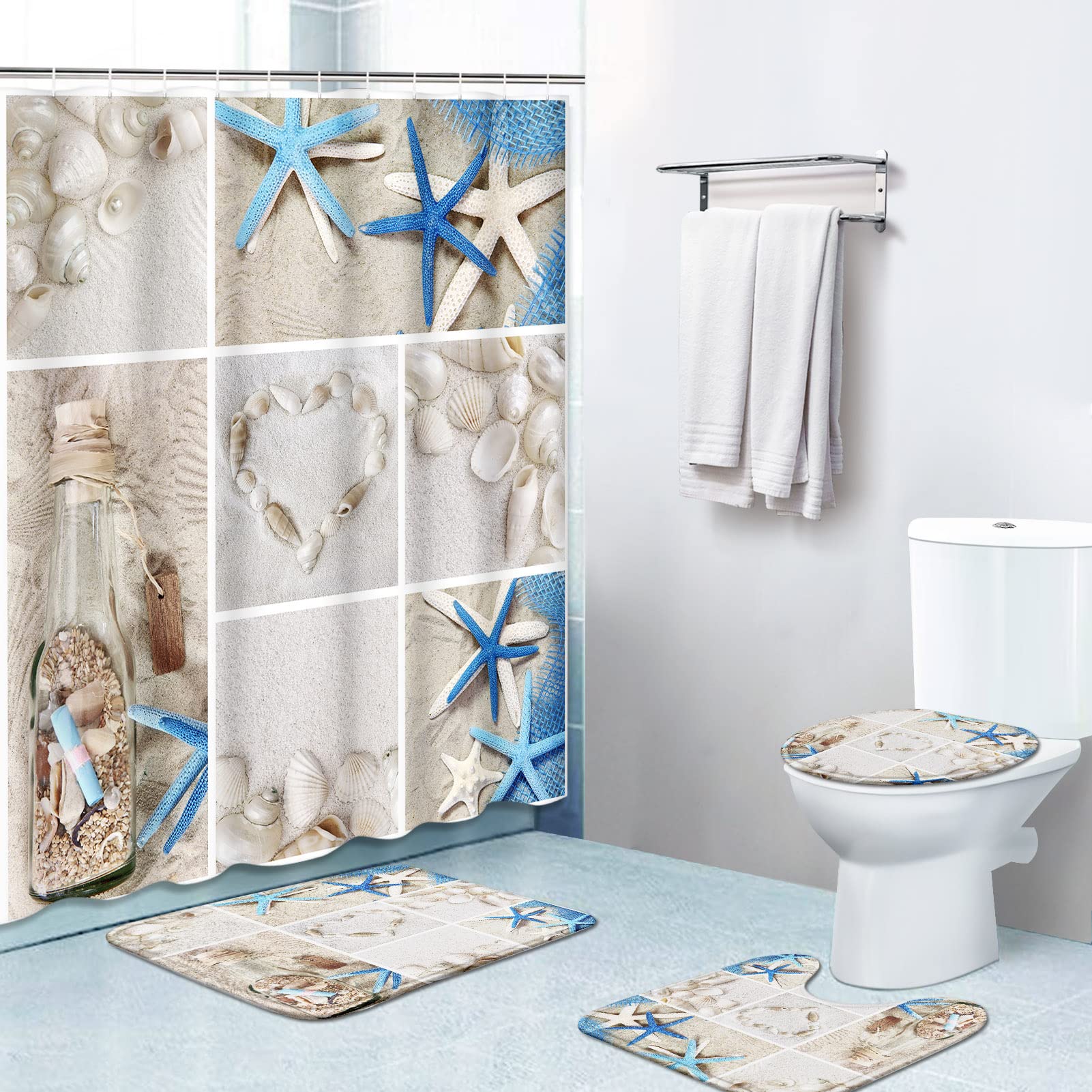 4 Piece Shower Curtain Sets, With 12 Hooks, Shell Collage Accessories Massage With Non-Slip Rugs, Toilet Lid Cover And Bath Mat,