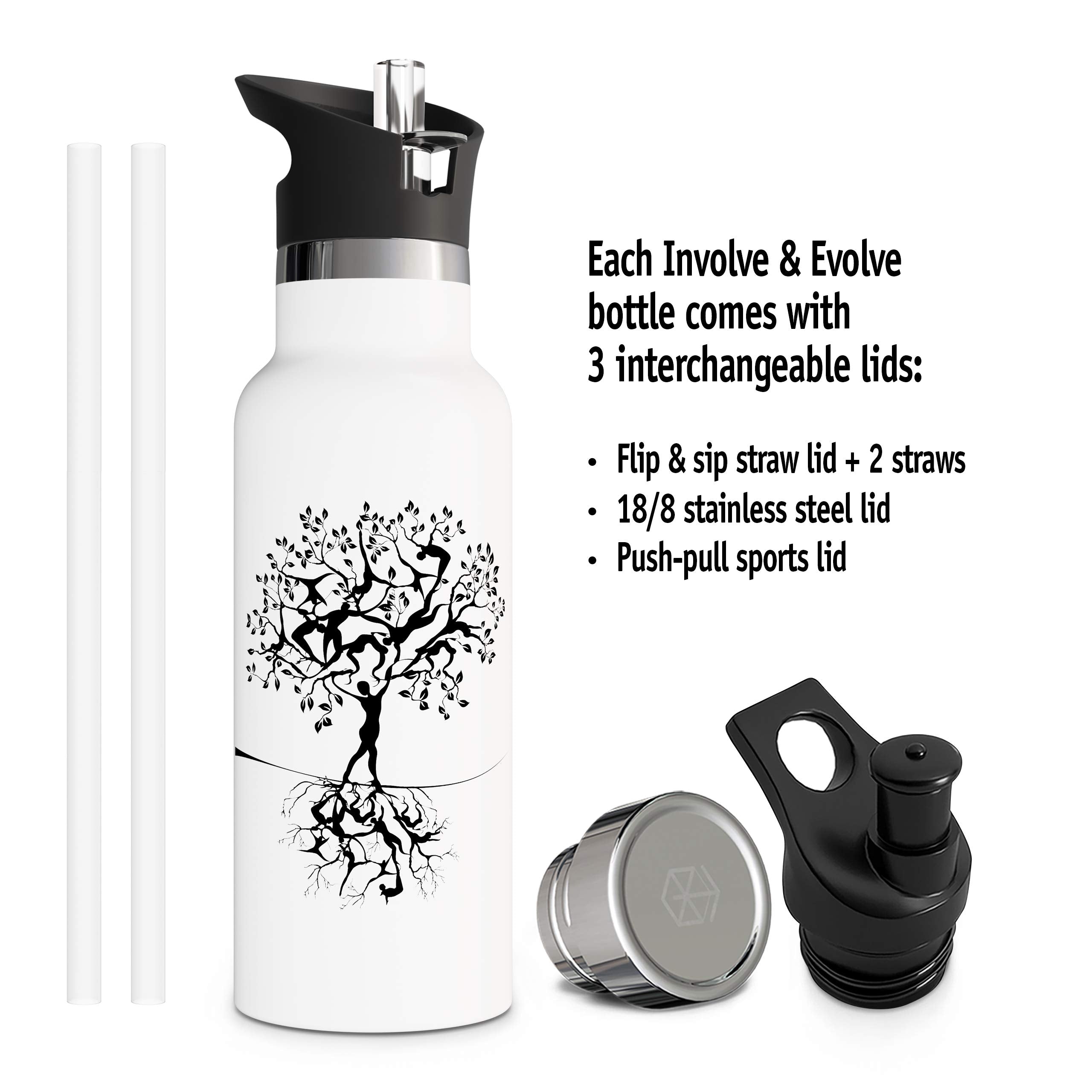 Involve & Evolve Insulated Water Bottle with 3 Lids (Straw Lid) Kids Reusable Double Walled Stainless Steel Flask Metal Tree of Life Thermos 12oz 17oz 20oz 25oz (20 oz White)