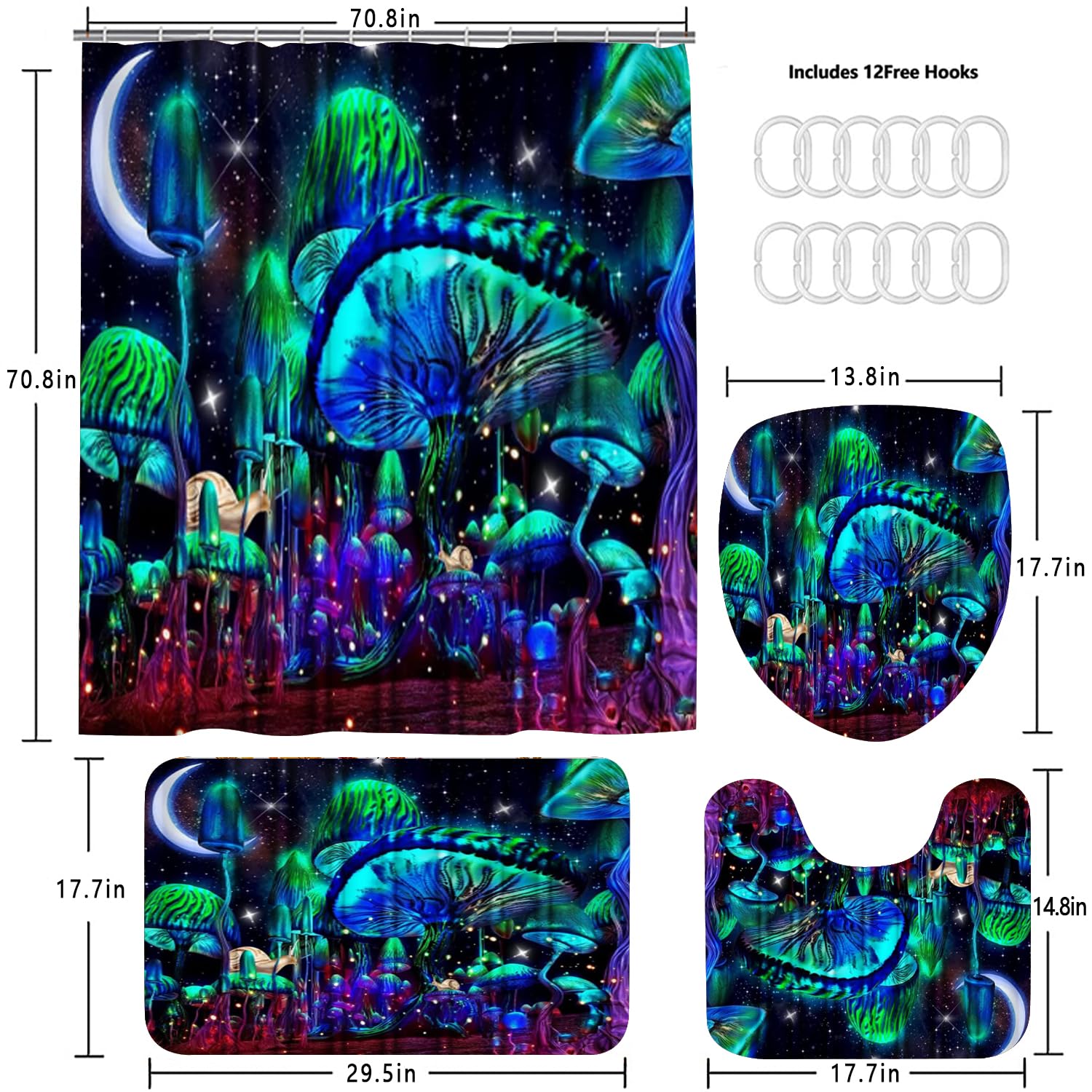 Jieprom 4Pcs Mushroom Bathroom Shower Curtain Set With Rugs, Toilet Lid Cover And Bath Mat, Moon And Stars With 12 Hooks, Durabl