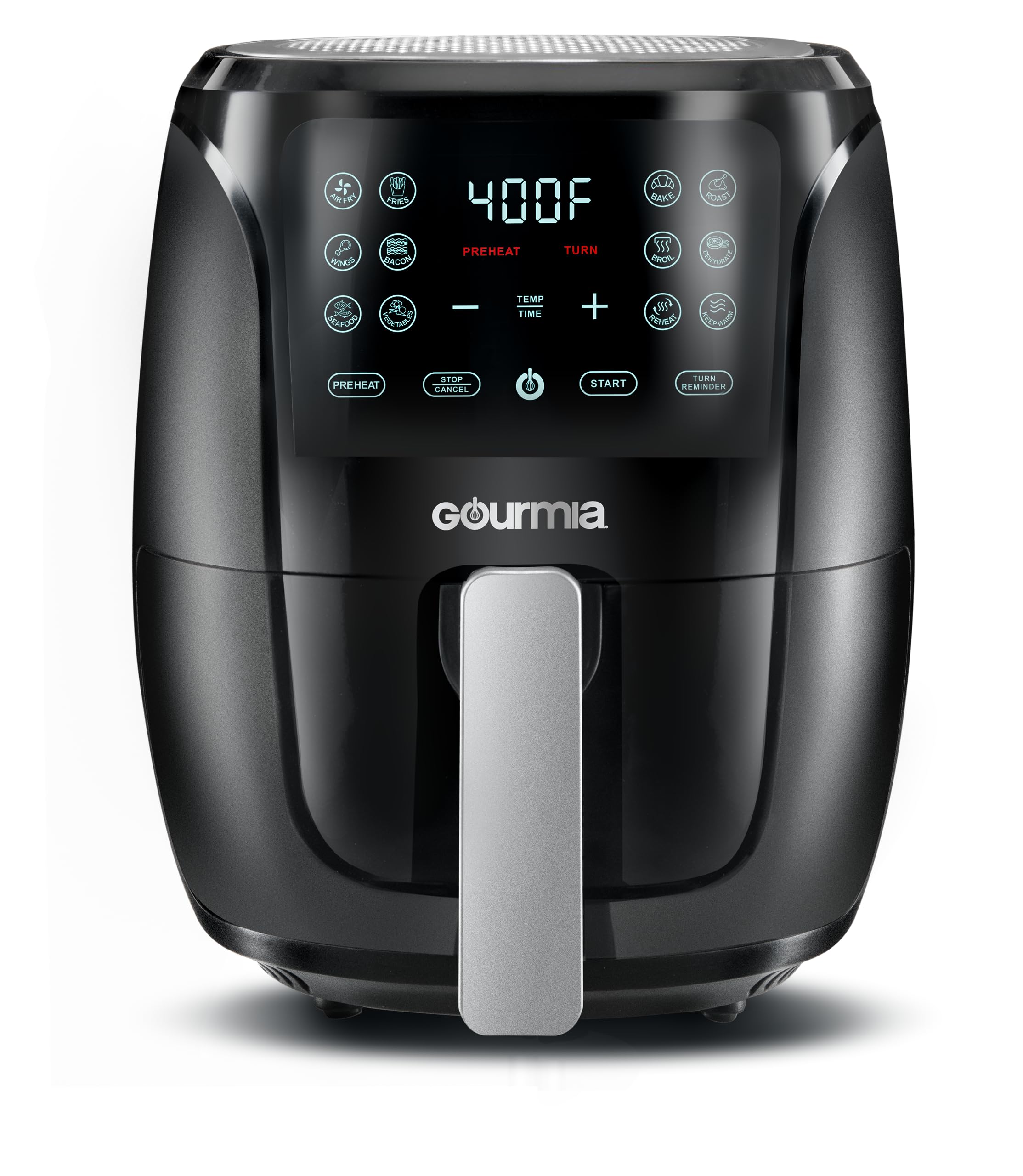 Gourmia Air Fryer Oven Digital Display 4 Quart Large AirFryer Cooker 12 1-Touch Cooking Presets, Black and Stainless Steel Accen