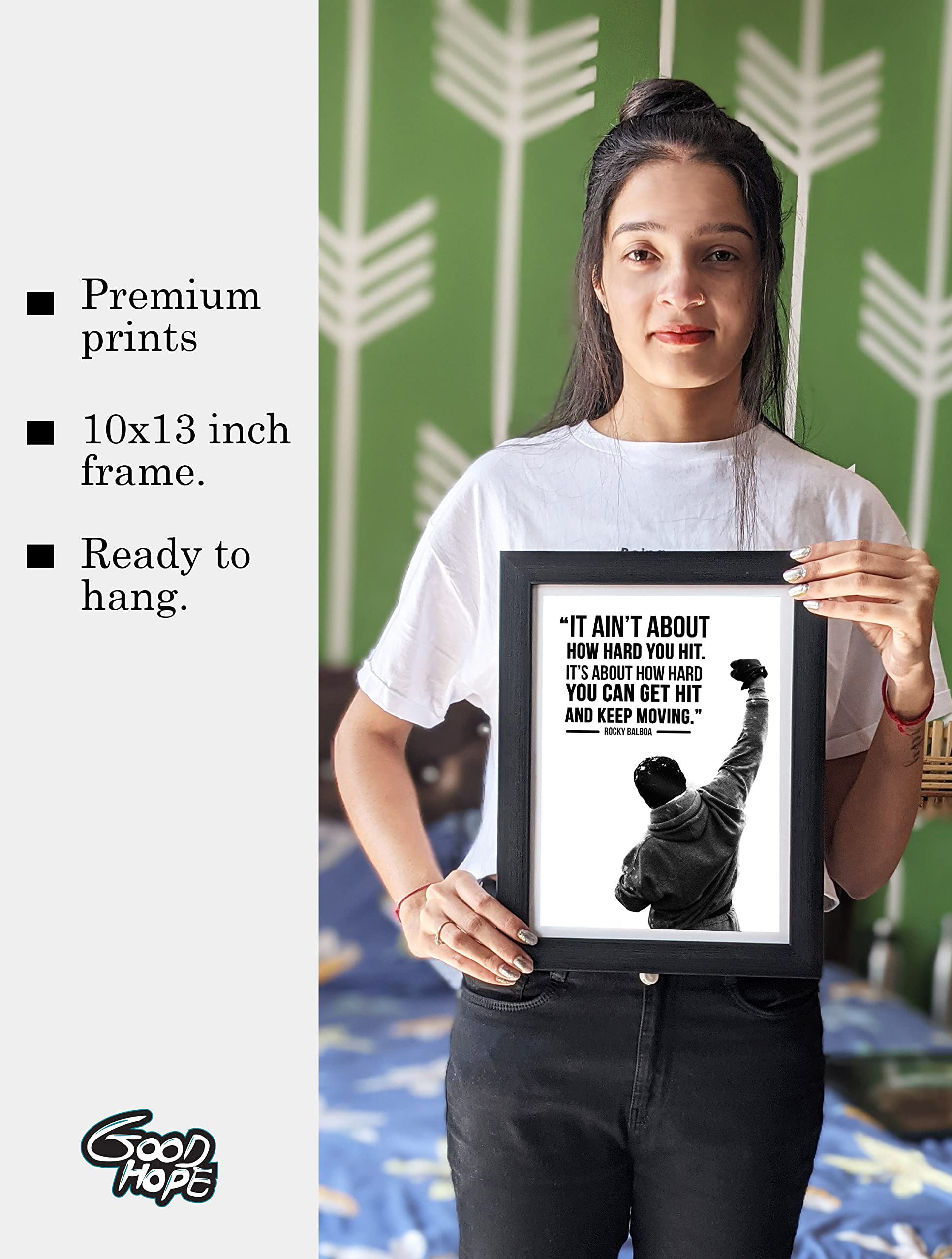 Gray Wall Acrylic Glass Sylvester Stallone Rocky Balbao Quote Framed Poster, Multicolor For Room & Office (10 Inch X 13 Inch)