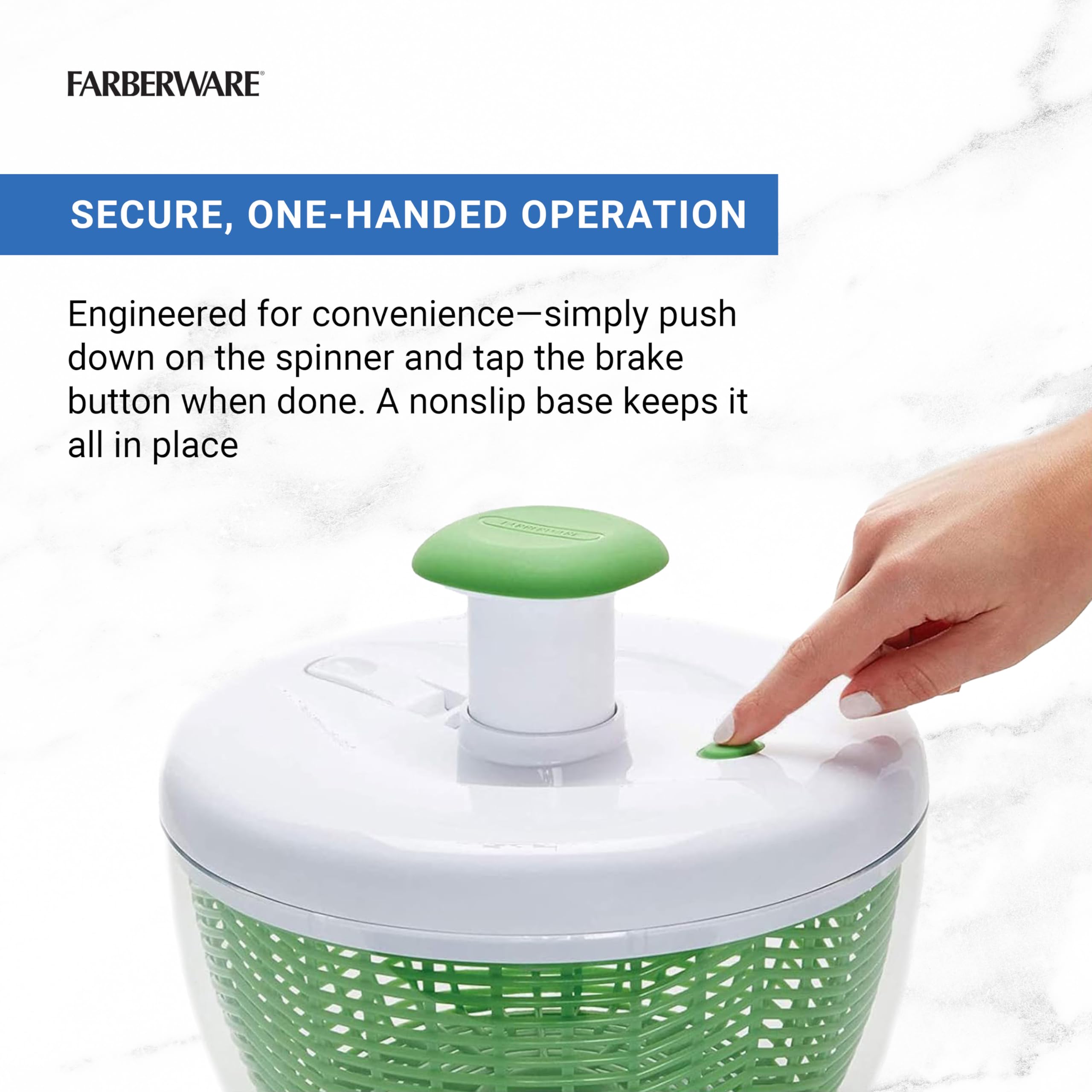 Farberware Pro Pump Spinner with Bowl & Colander, 6.6 Quart, Green, Built-in Draining System for Fresh Salad and Produce