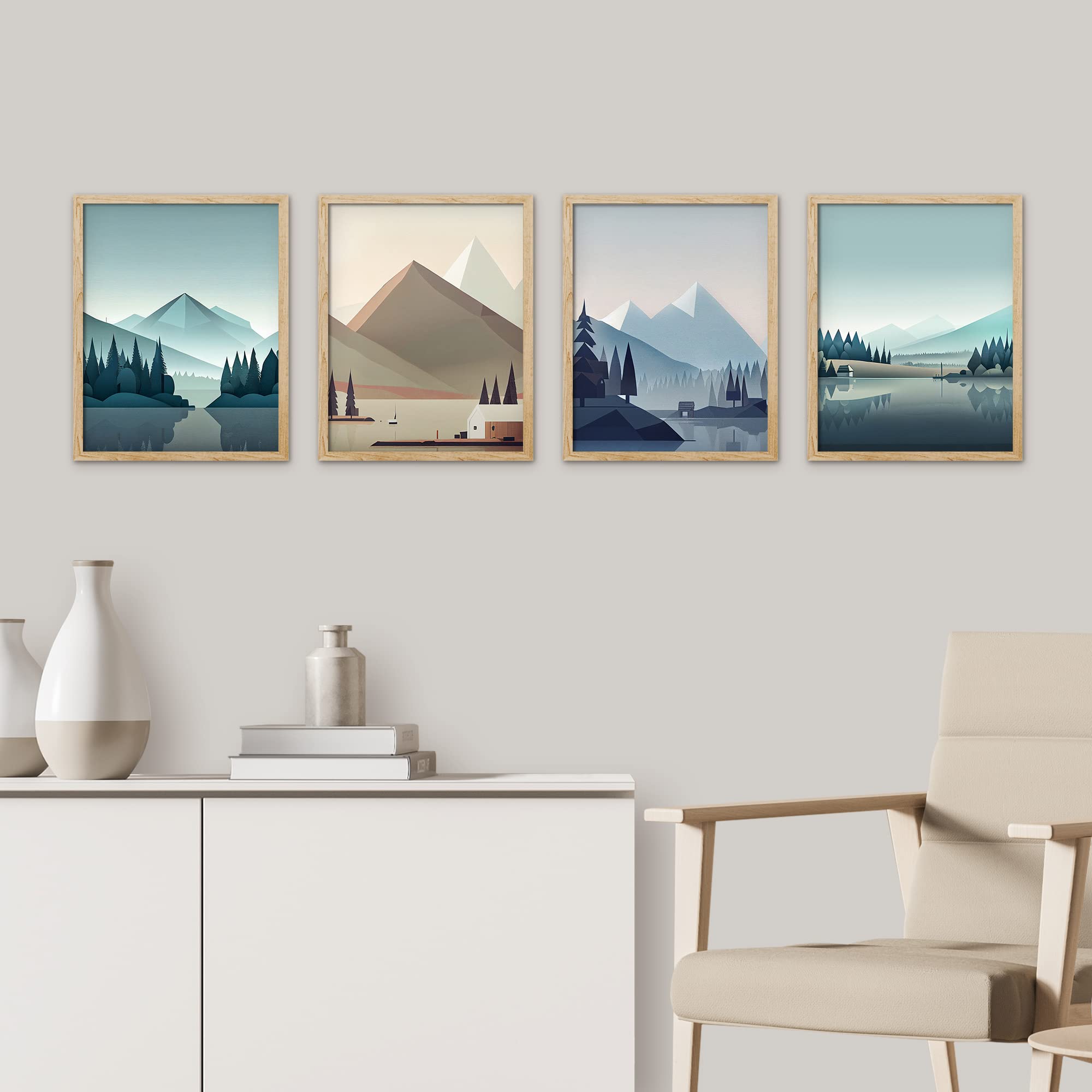 Signwin Framed Pastel Mountain Forest Lake Wall Art, Set Of 4 Landscapes Silhouette Wall Decor Prints, Wilderness Nature Wall D