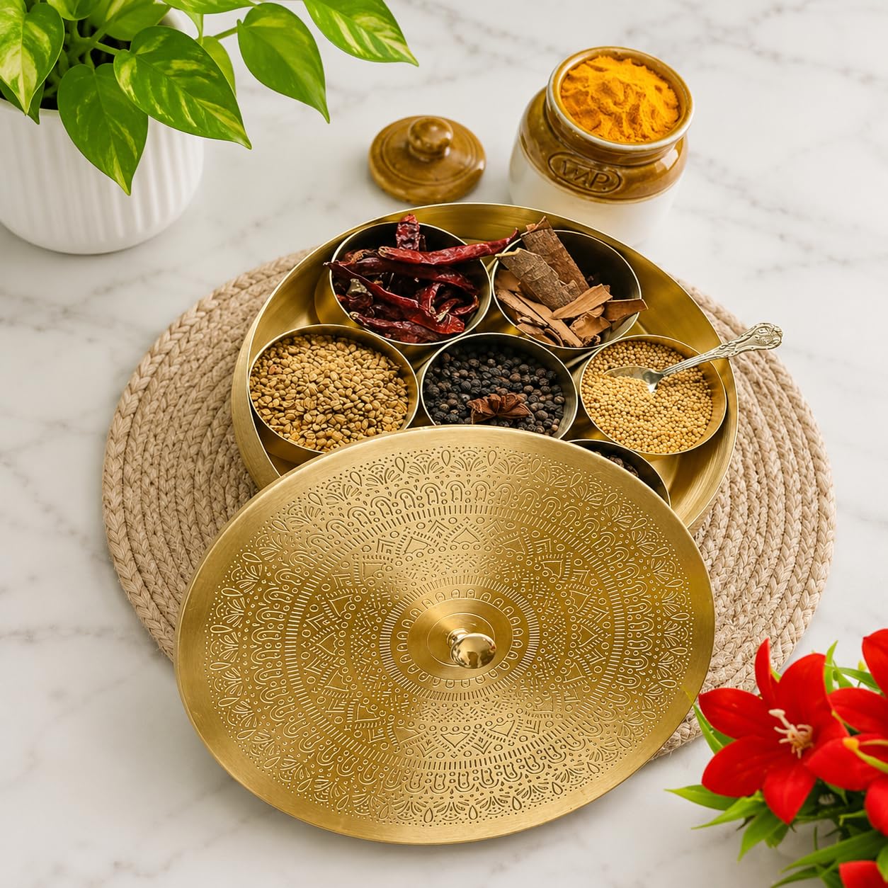 Sanskriti Decor Brass Spice Box For Kitchen (Pure Brass, 7 Detachable Containers, 120 Ml One Spoon) | Iron Masala Box For Dani M