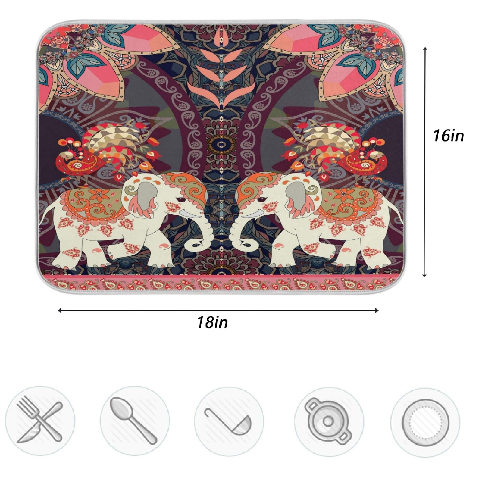 Zzwwr Vintage Indian Elephants Peacock Absorbent Dish Drying Mat, 16 Inch X 18 Inch Microfiber Kitchen Countertop Table Protecto