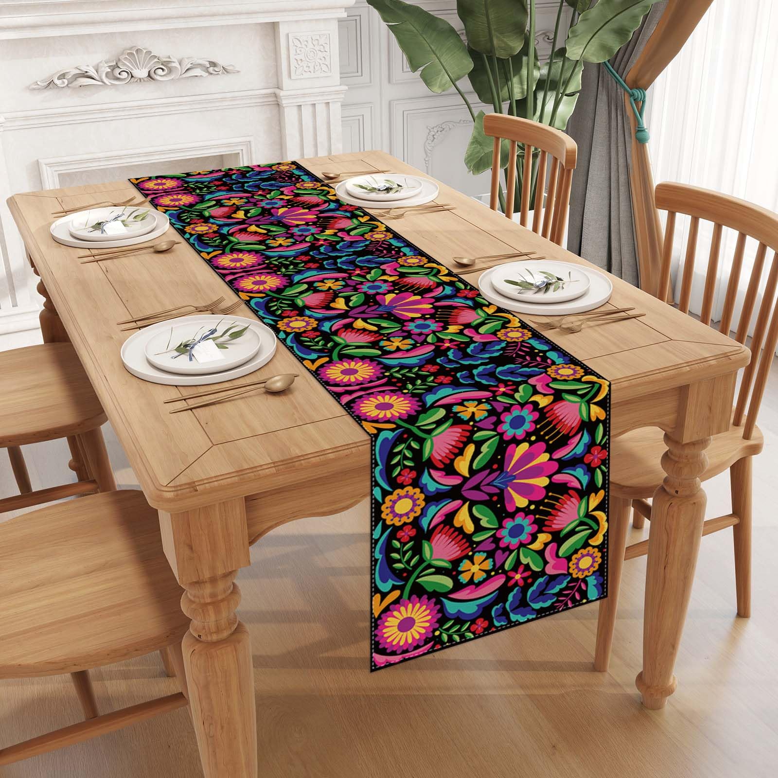 Jiudungs Linen Mexican Fiesta Table Runner, 90" Long, Red, Dia De Los Muertos Decor, Model LYN-1256-90-A