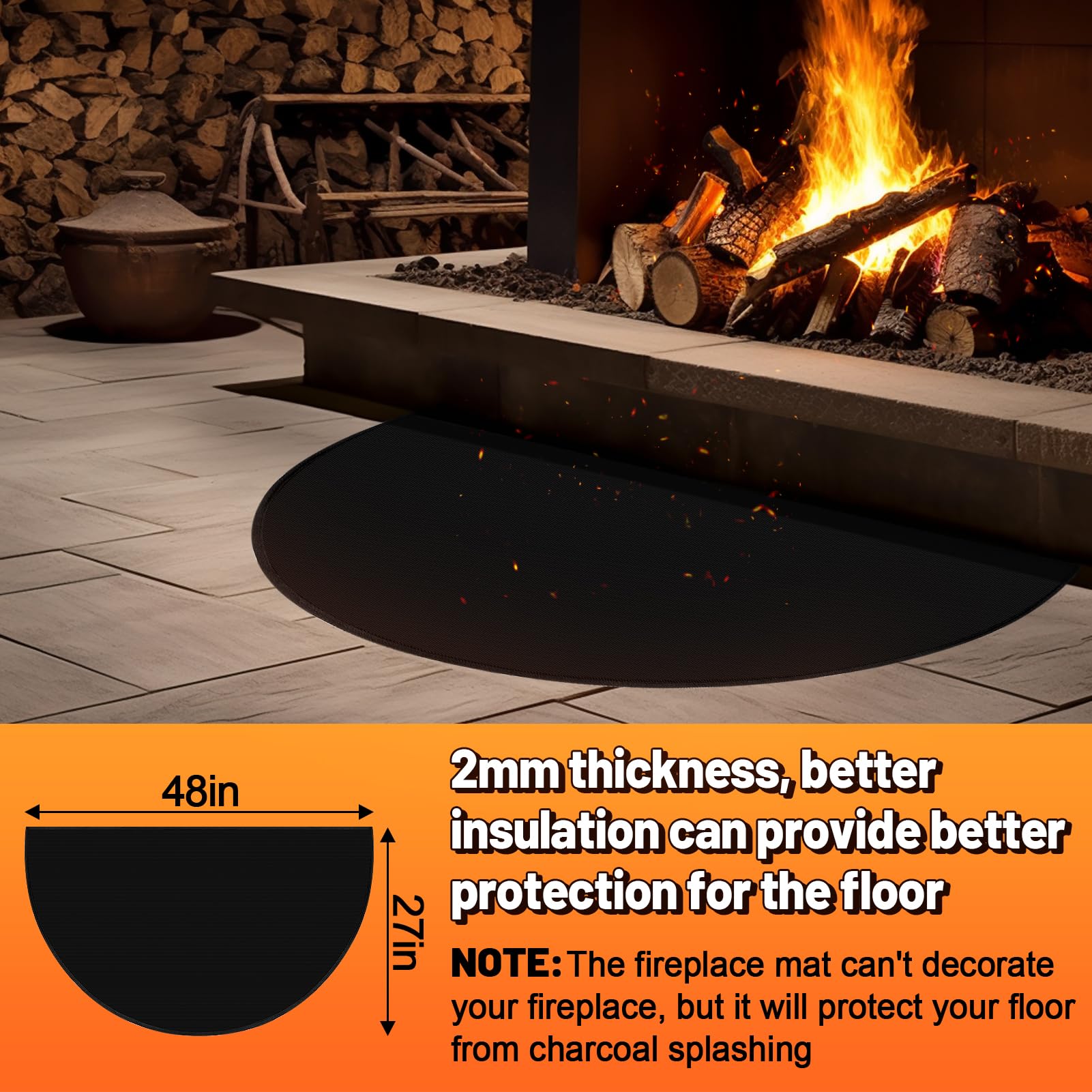 Fireproof Fireplace Mat - 48''    27'' X 2/25'' Upgraded 4-Layer Thickened Fire Resistant Mat, Half Round Silicone And Fiberglas