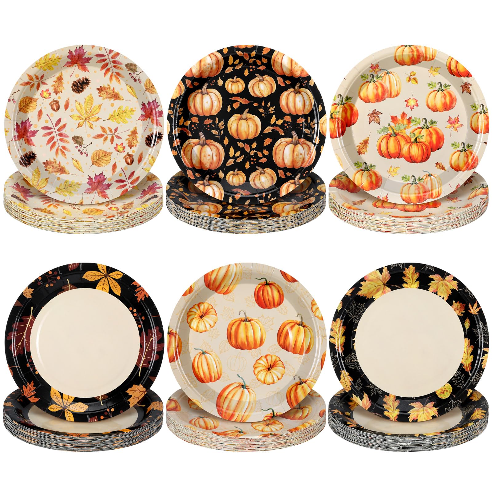 Fourluoo 96 Pcs Thanksgiving Fall Paper Plates Disposable 7 Inch Maple Leaf Pumpkin Style Plates for Autumn Thanksgiving Day Par