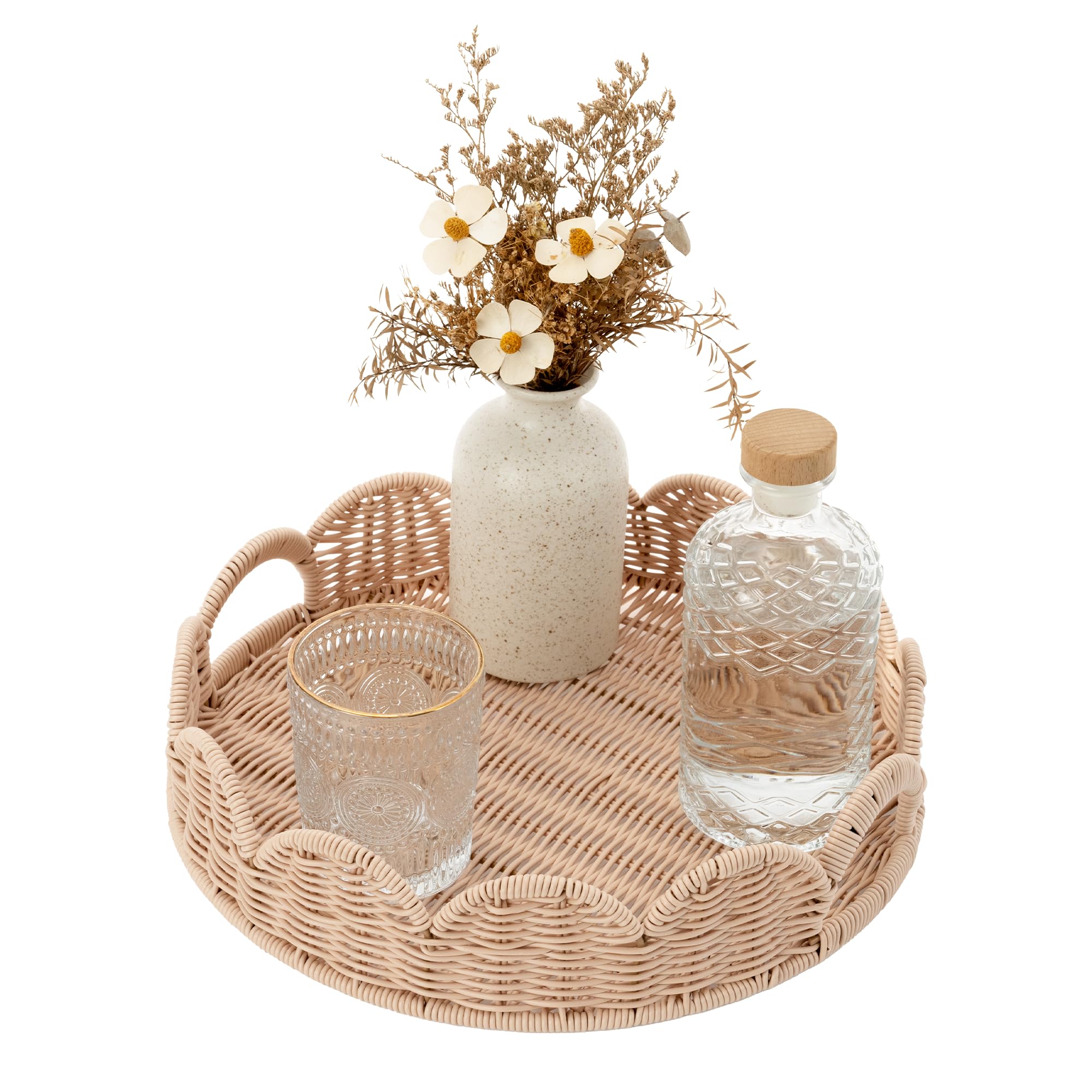 Granny Says Wicker Decorative Scalloped Trays For Home Decor, Coffee Table Trays With Handles, Woven Rattan Tray For Kitchen Cou