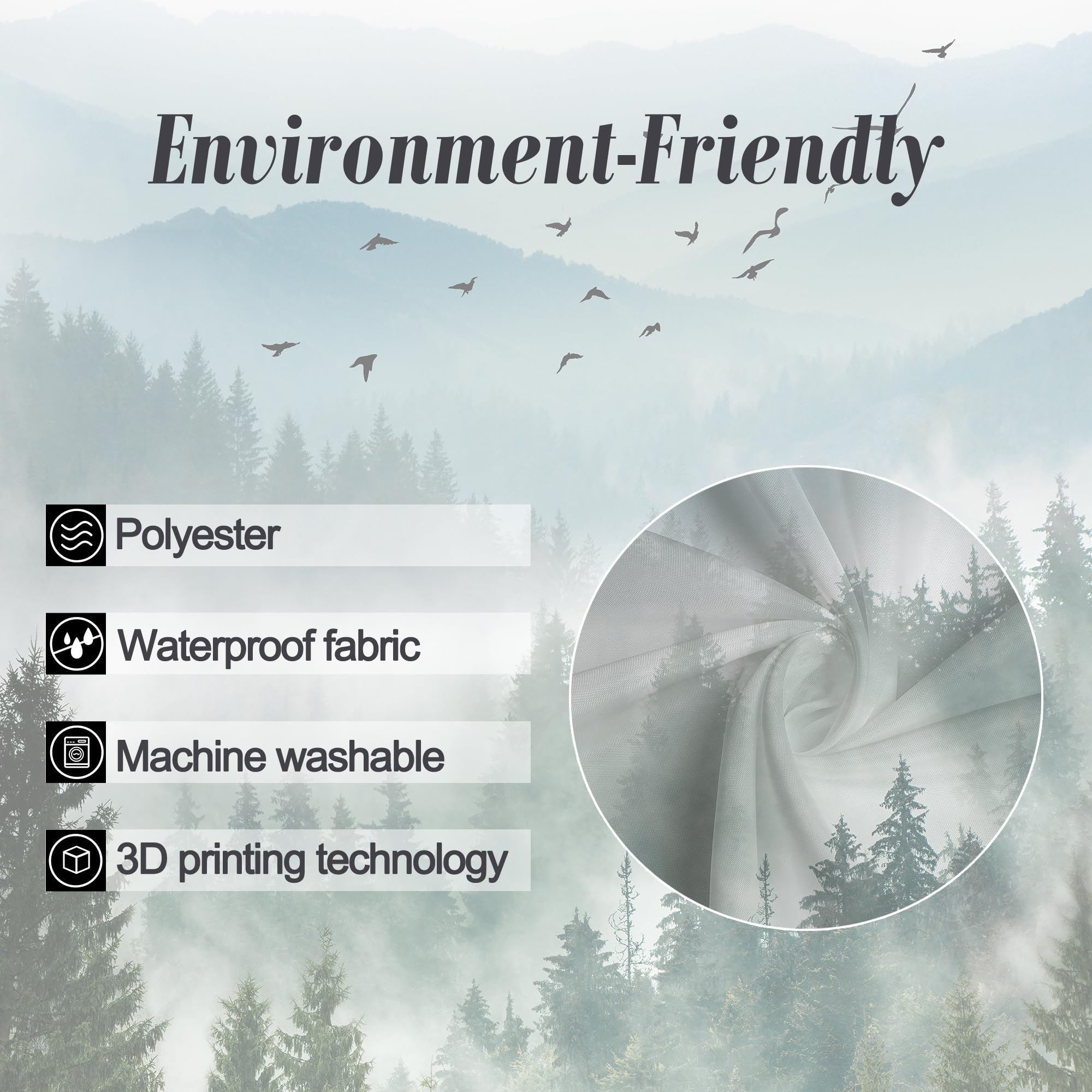 Riyidecor Small Stall Mountain Shower Curtain 36Wx72H Inch Green Rv Single Rustic Foggy Misty Nature Pine Tree Scenery Woodland