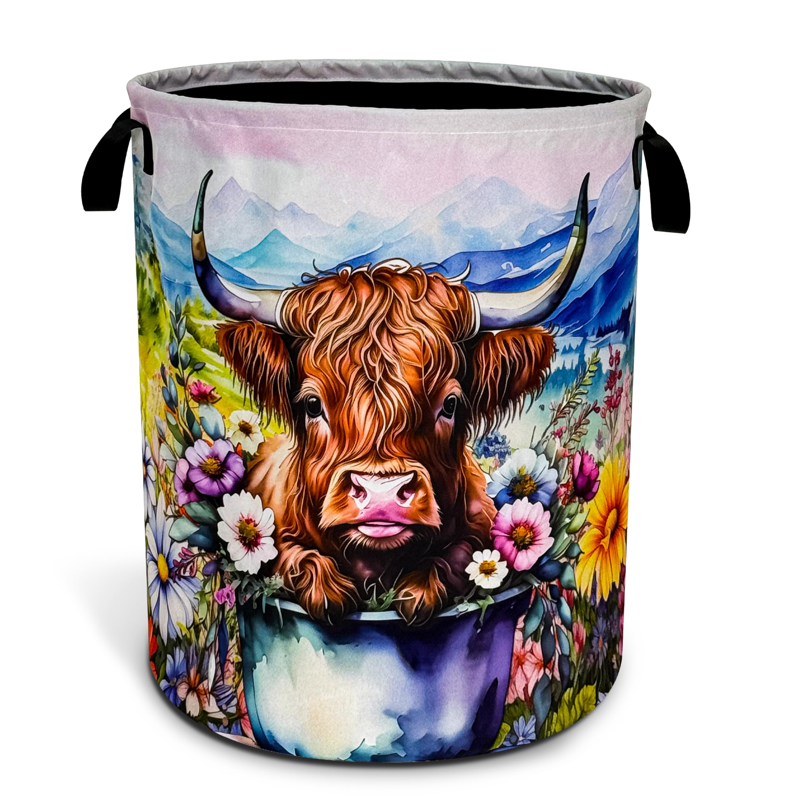 Highland Cow Laundry Basket Colorful Flowers Foldable Oxford Cloth Funny Tote Bag Laundry Hamper Clothes Storage Bucket Toy Orga