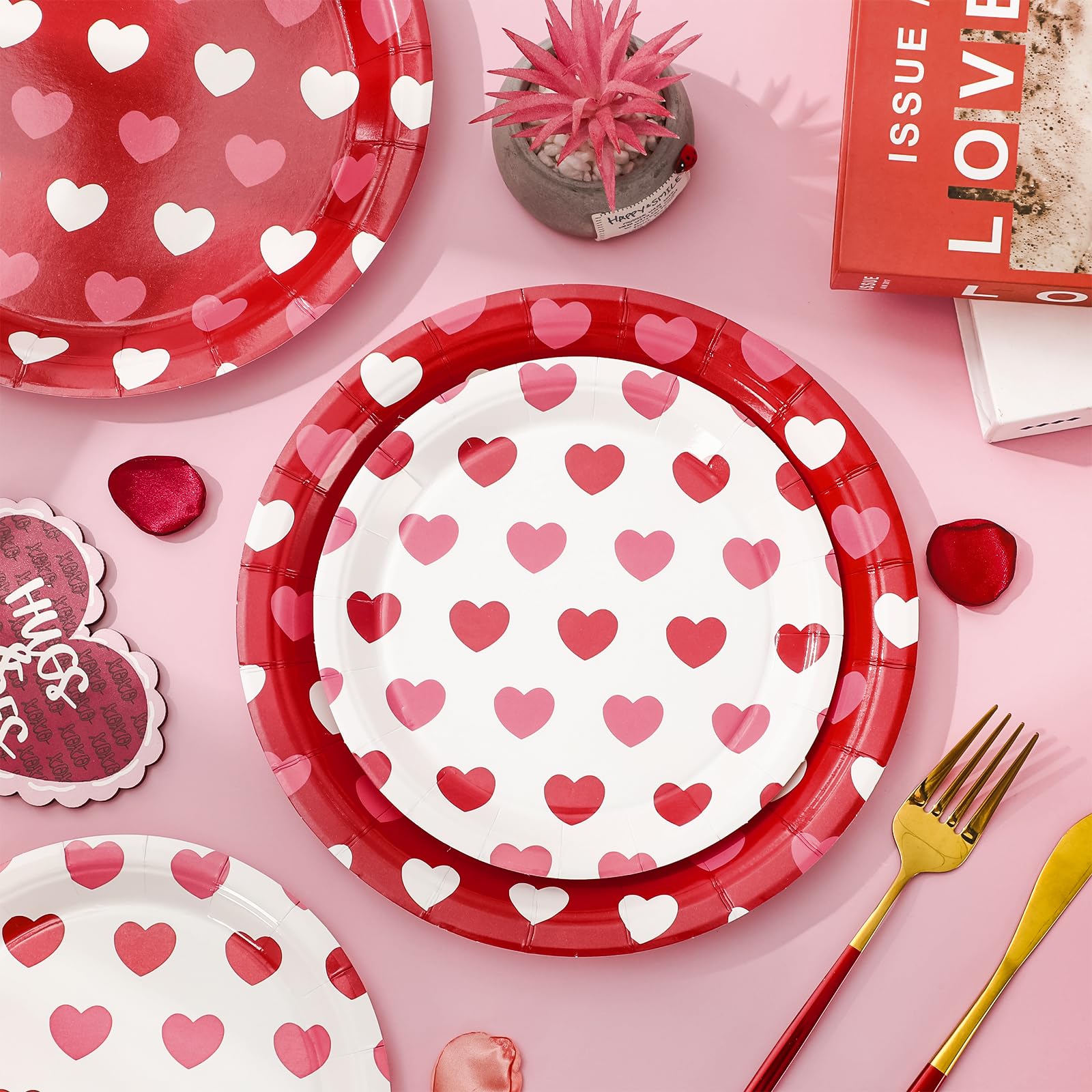 Jarthenaamcs 50Pcs Valentine'S Day Paper Plates Love Heart Disposable Plates 7 & 9 Inch Red White Tableware Plates Set For Weddi
