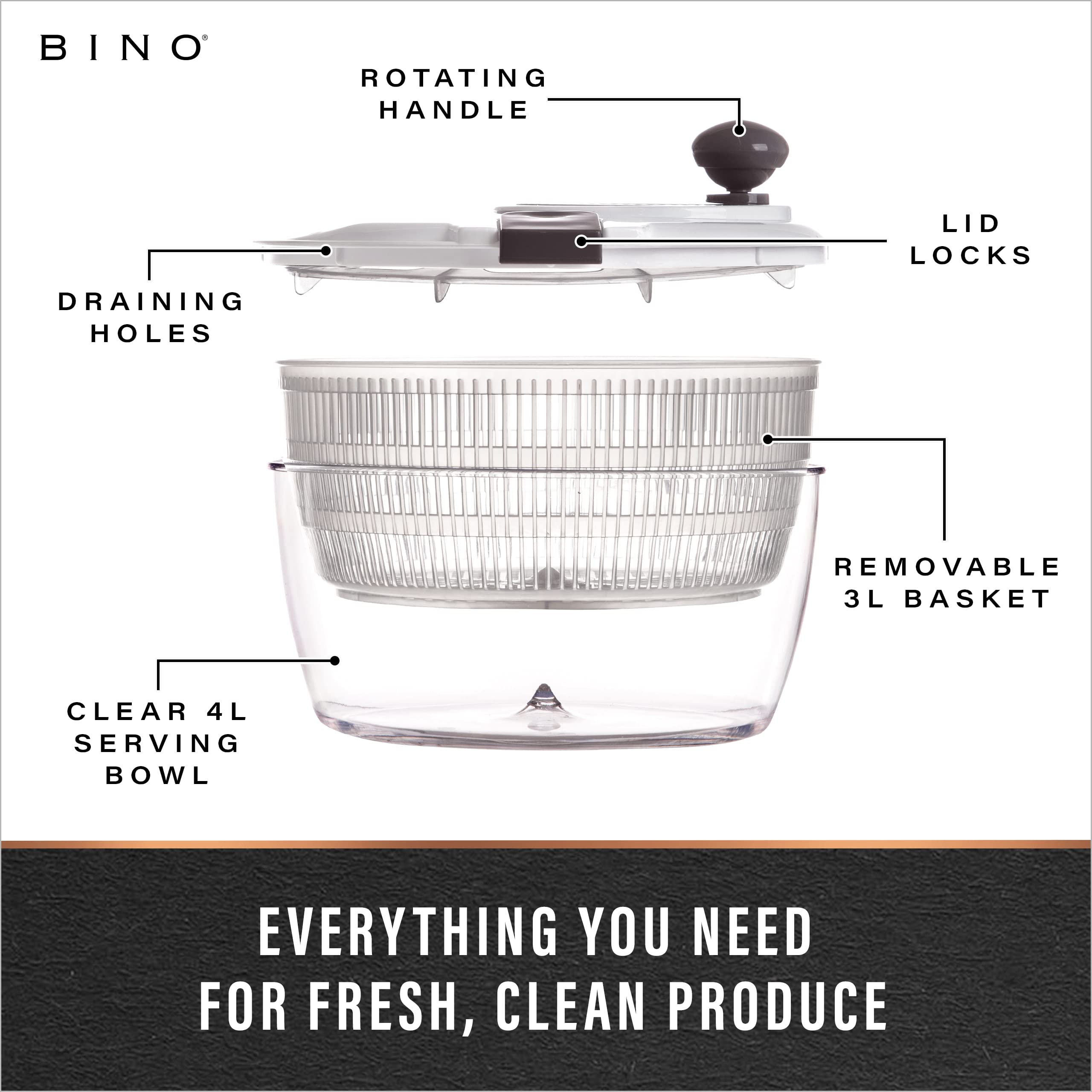 Bino | Salad Spinner - 4.2 Qt | Large Manual Lettuce Spinner With Secure Lid Lock & Built-In Draining System | Salad Spinner Wit