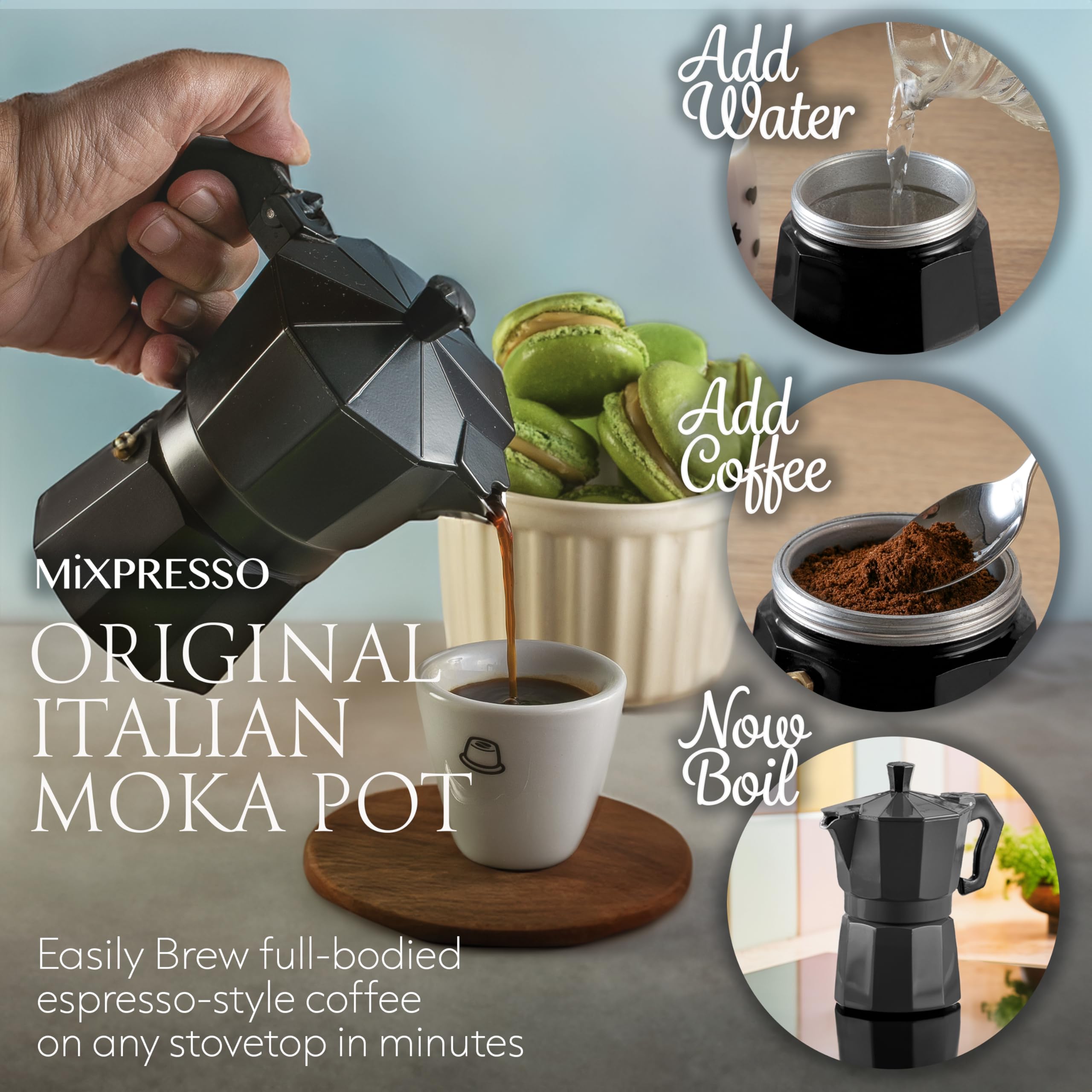 Mixpresso Aluminum Moka Stove Coffee Maker, Moka Pot Coffee Maker For Gas, Electric Stove Top, Classic Italian Coffee Maker, Bla