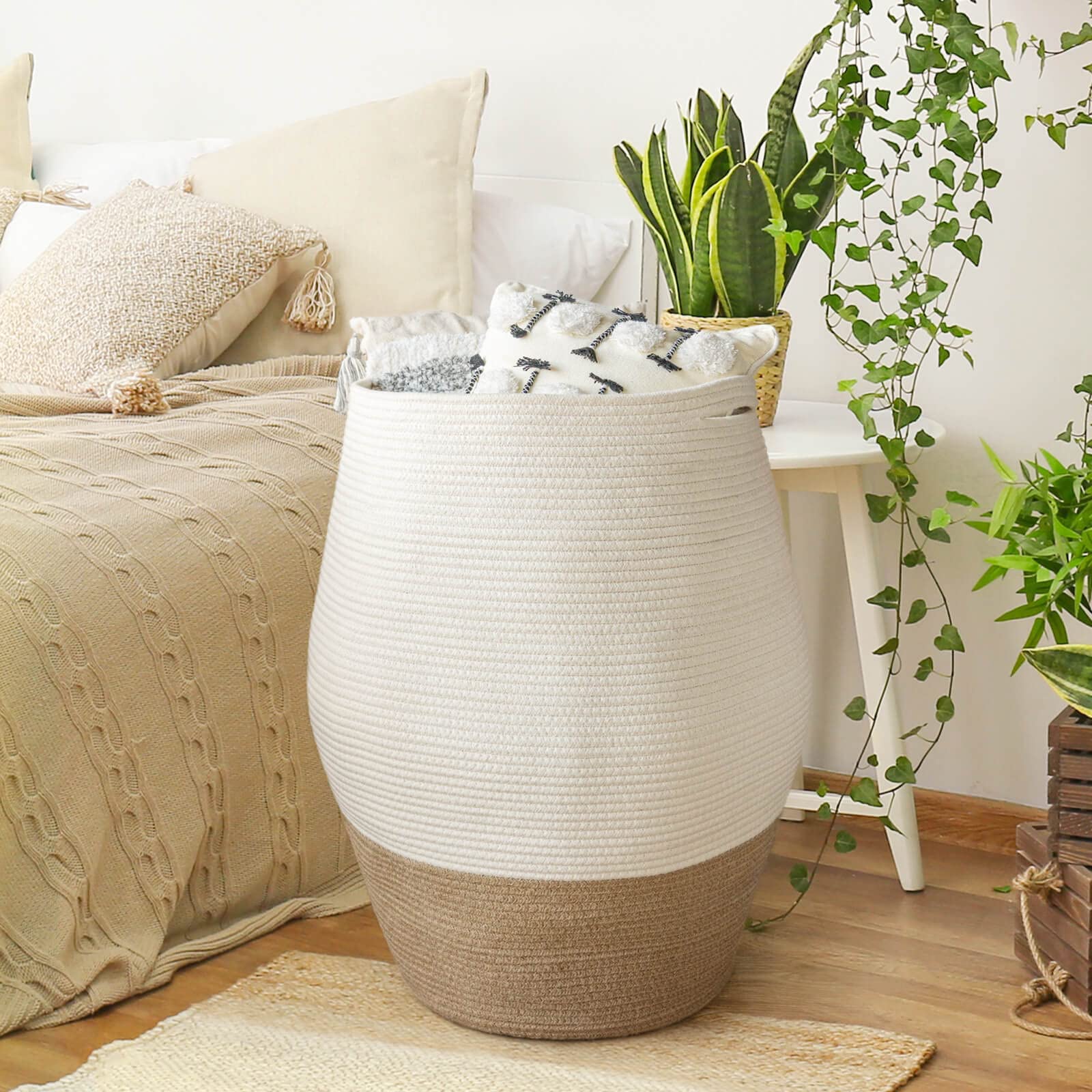 Goodpick Large Laundry Hamper | Tall Wicker Hamper Laundry Basket  Soft Cotton Rope Woven Hamper  Farmhouse Design Graceful Curve Basket 25.6 Inches Height