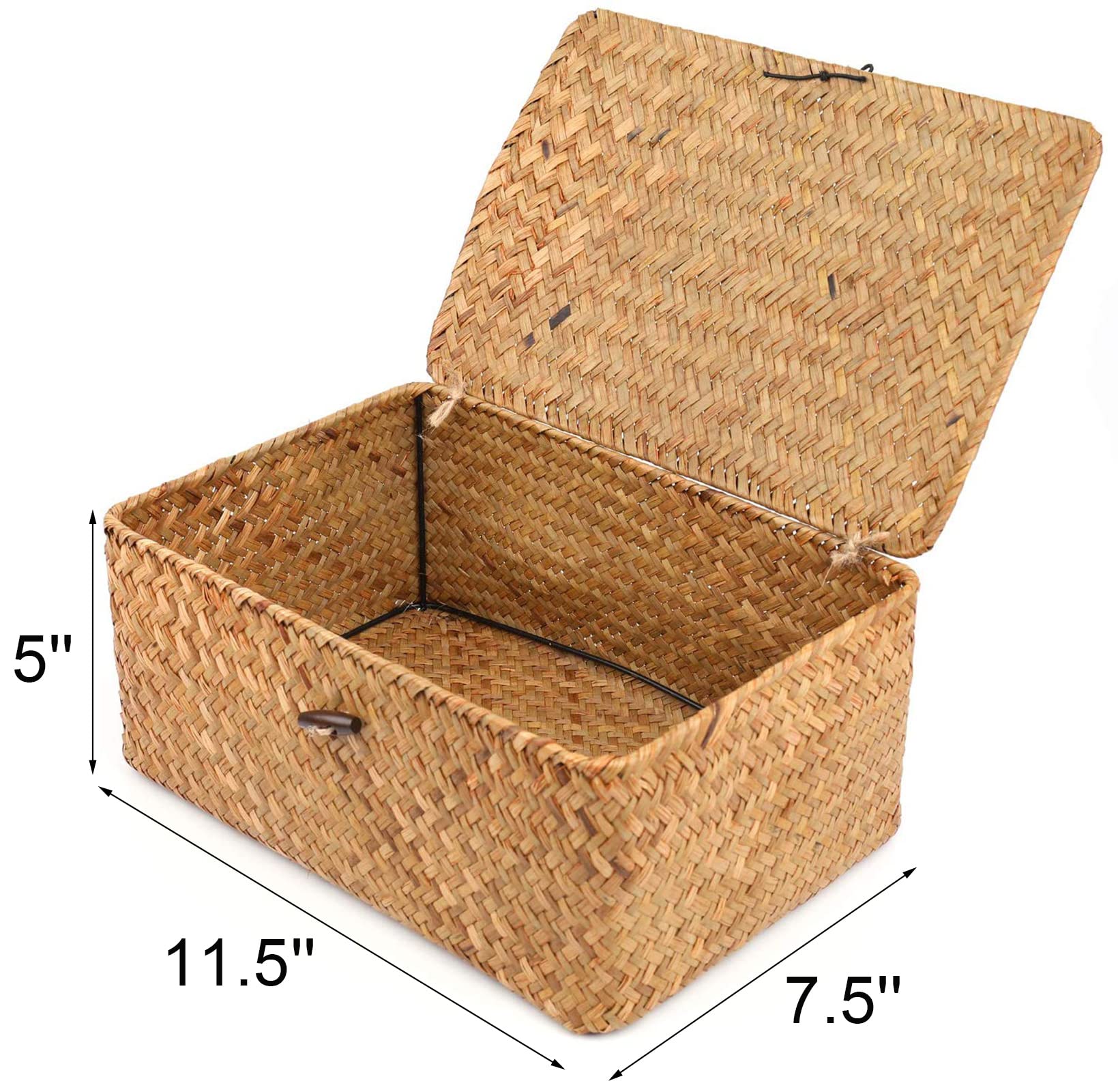 Yesland Handwoven Seagrass Rattan Storage Basket - 11.5'' X 7.5'' X 5'' - Brown Rectangular Makeup Organizer Container With Lid,