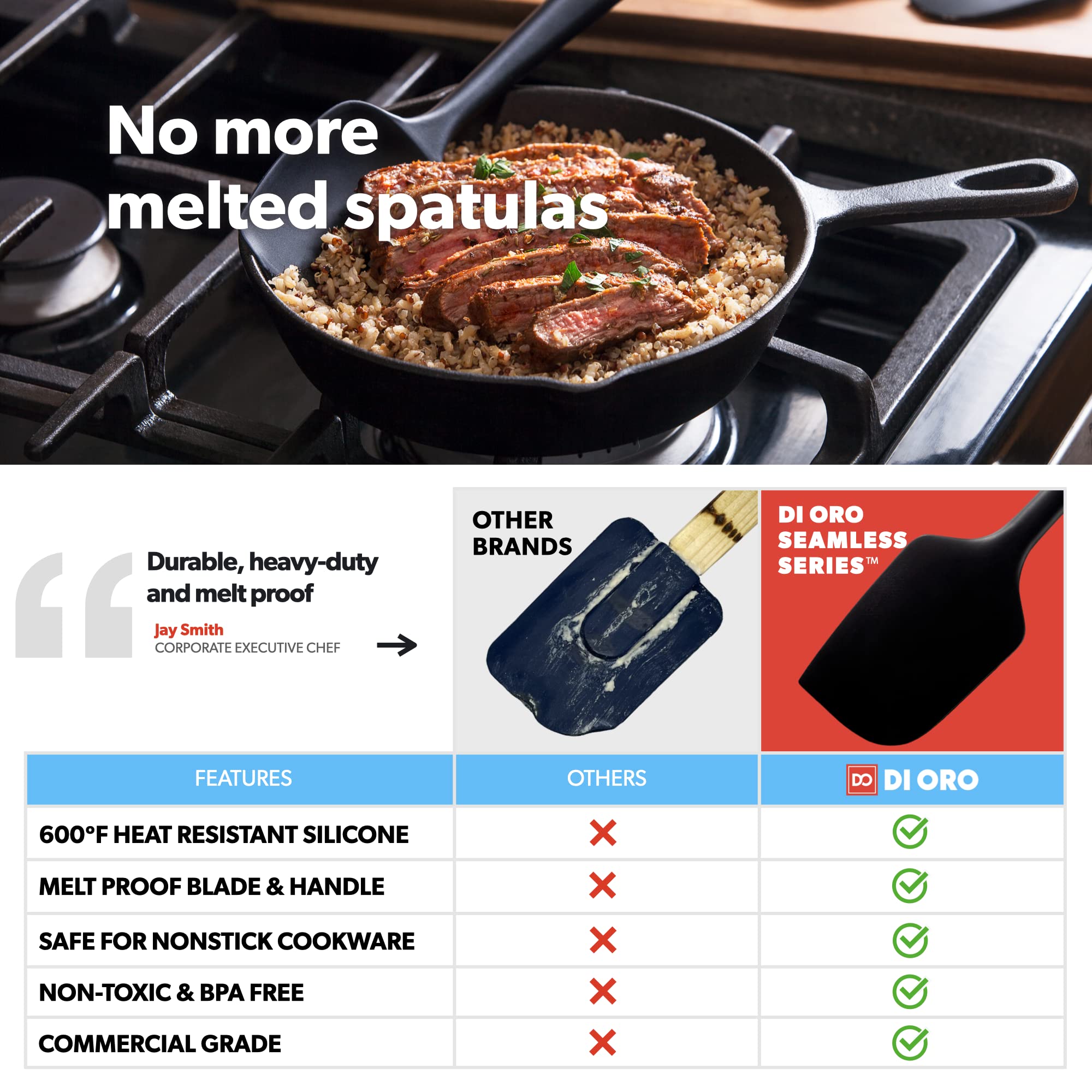 di Oro Living Silicone Spoonula & Spatula Set - 600°F Heat-Resistant, Black, 14" - Commercial Grade Kitchen Utensils (DOL-PS-030)