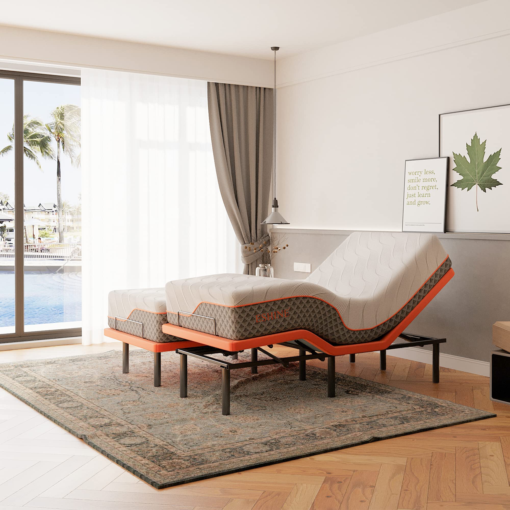 Eshine Adjustable Bed Frame With 12'' Hybrid Mattress With Luxury Cool Gel Memory Foam, Split King Upholstered Bed Frames With M