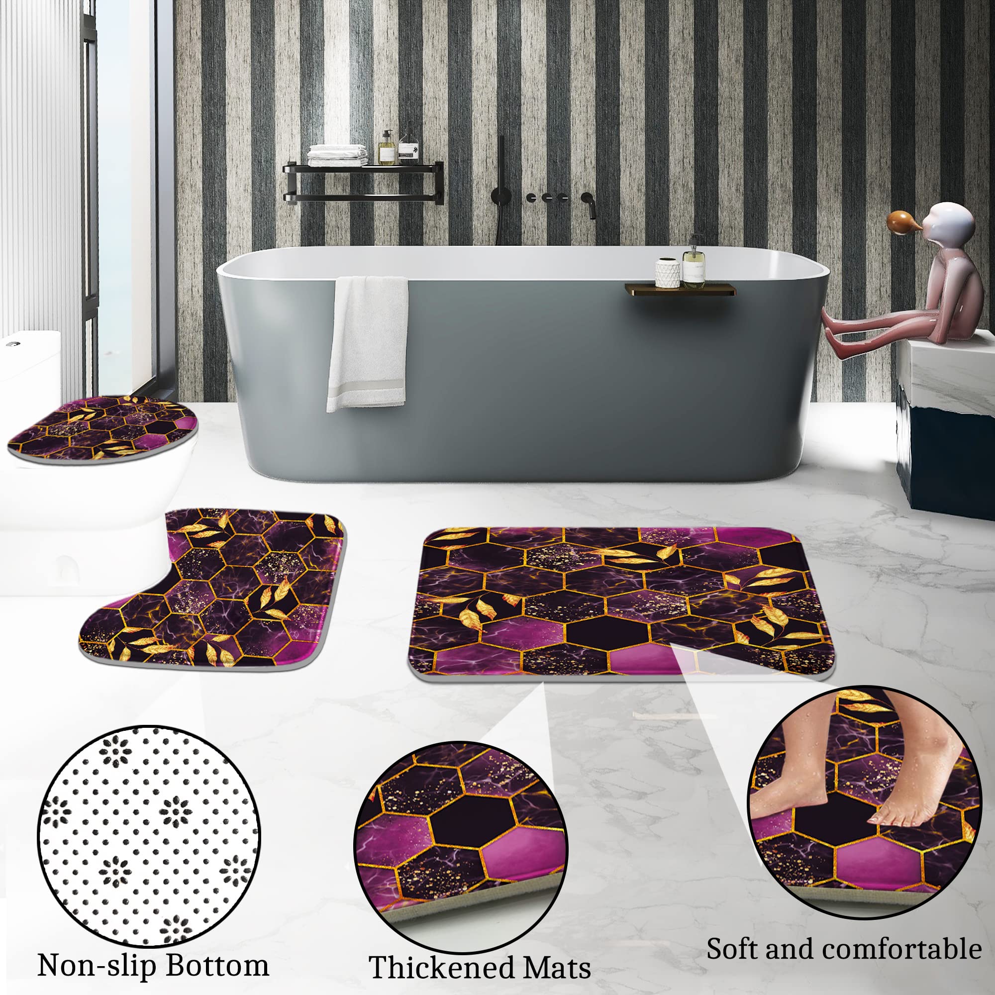 Poedist 4 Pcs Bathroom Shower Curtain Set Purple Honeycomb Marble Bathroom Sets with Rugs(Bath Mat U Shape and Toilet Lid Cover Mat) and 12 Durable Hooks