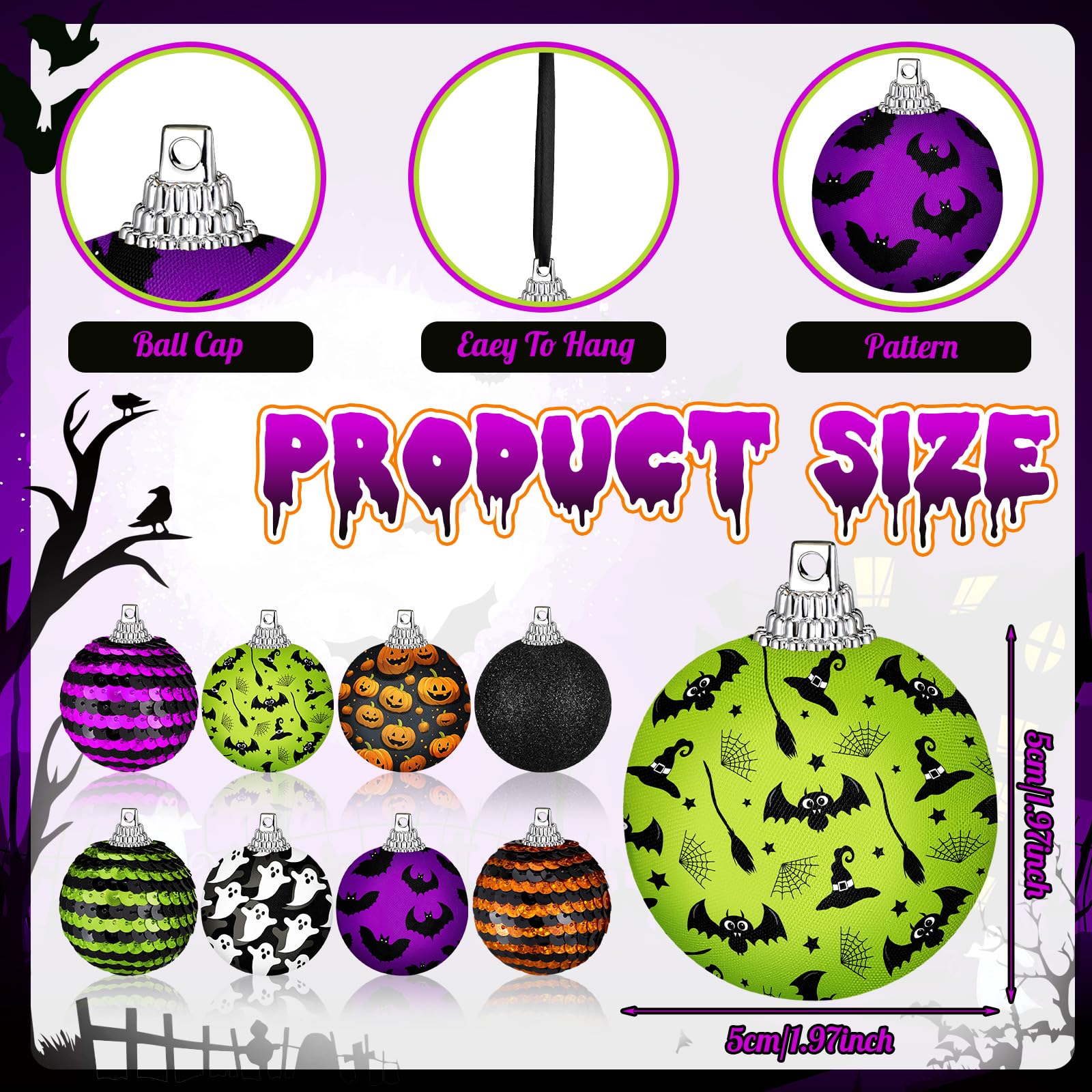 Zeyune 16 Pcs Halloween Ball Ornaments for Tree 2 Inch Halloween Tree Decorations Pumpkin Ghost Bat Spider Glitter Ornaments wit