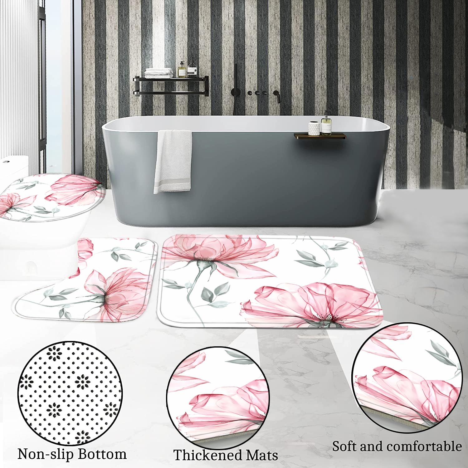 Pretyw 4-Piece Pink Flowers Shower Curtain Set Floral Leaves Bathroom Set With Shower Curtain And Rugs, Pink White Minimalist Ba