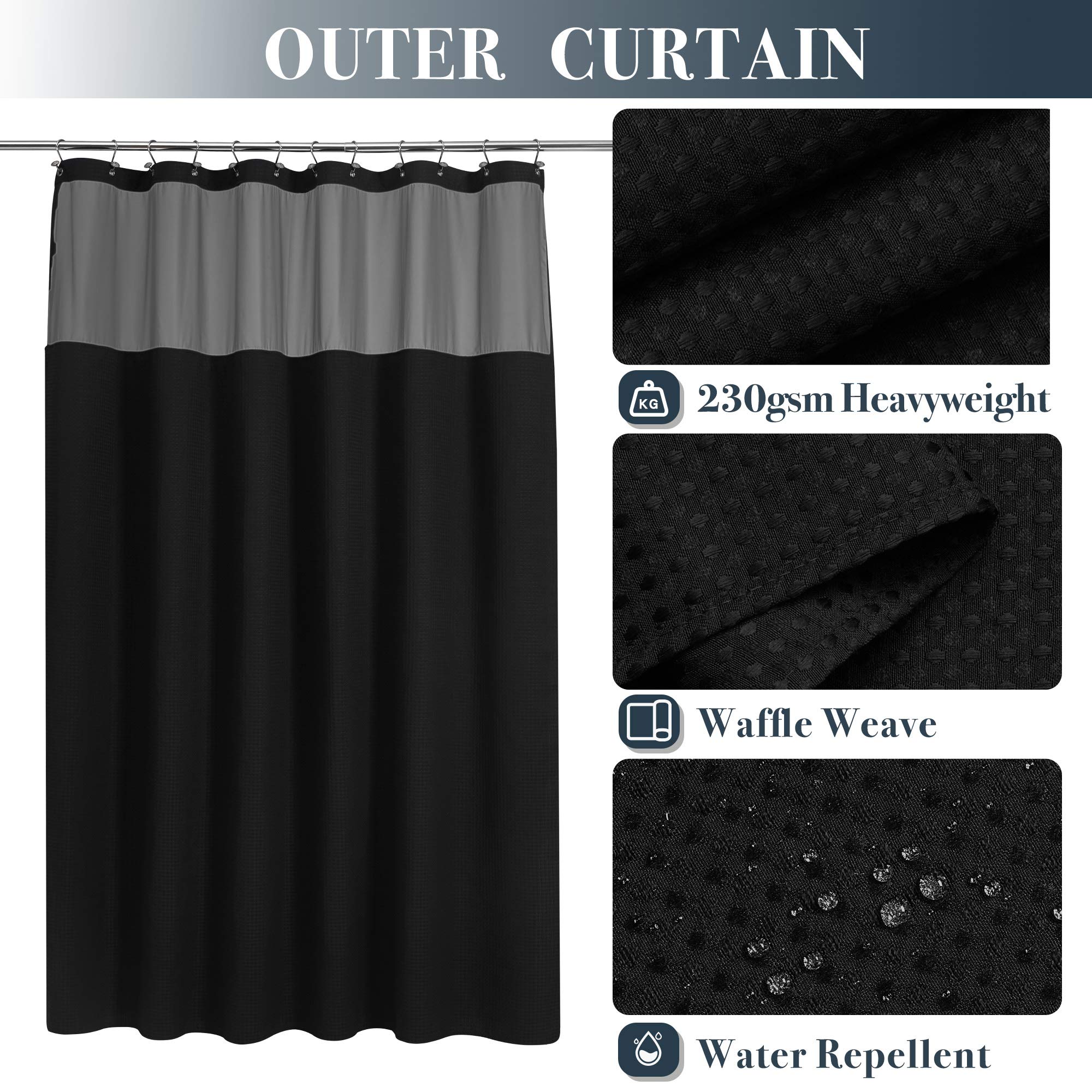 N&Y Home Waffle Weave Shower Curtain With Snap-In Fabric Liner & 12 Black Hooks Set - Hotel Style, Water-Repellent & Washable, M