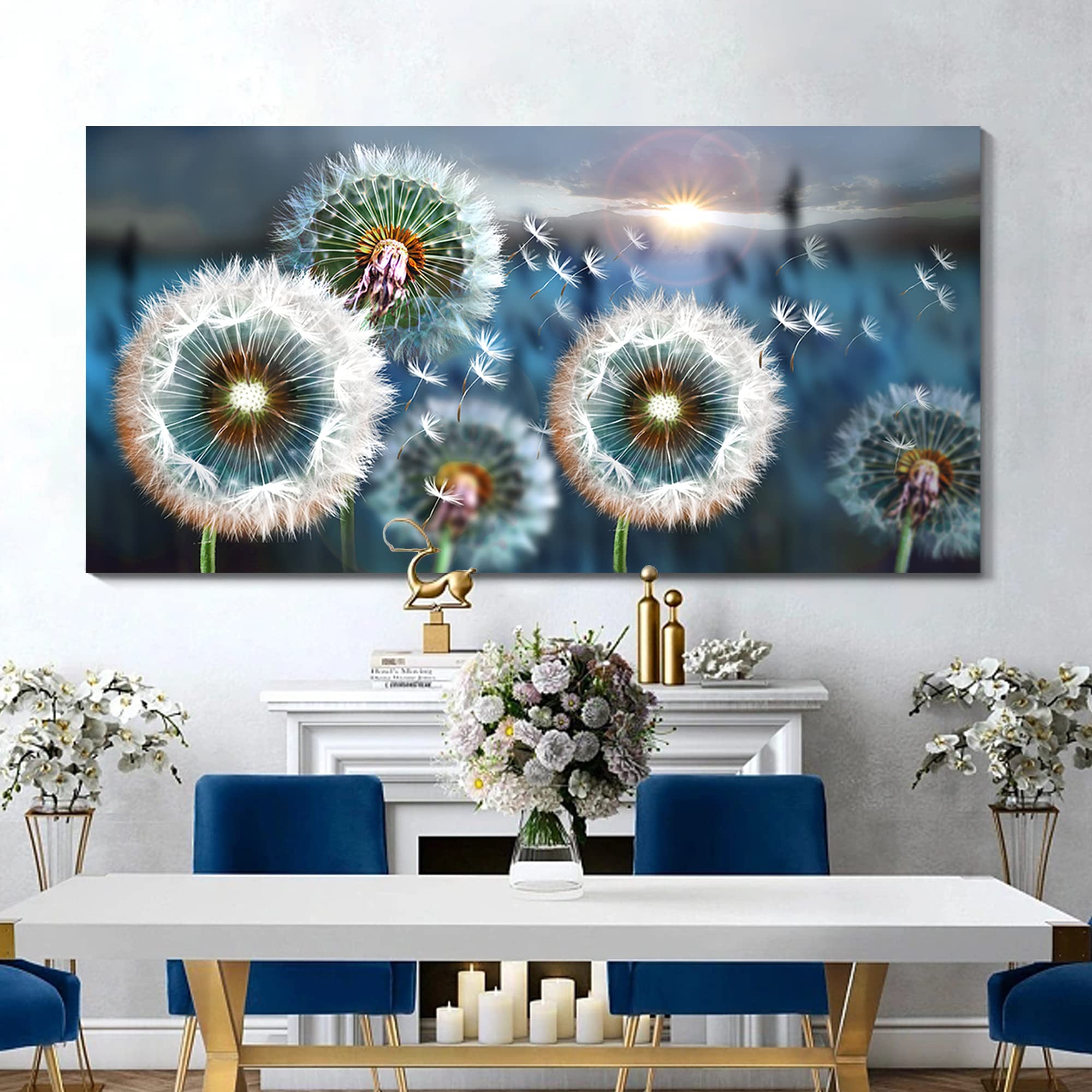 Large Wall Art Dandelion Theme Canvas Art Wall Decor For Living Room Abstract White Dandelion Sun Blue Landscape Prints Artwork