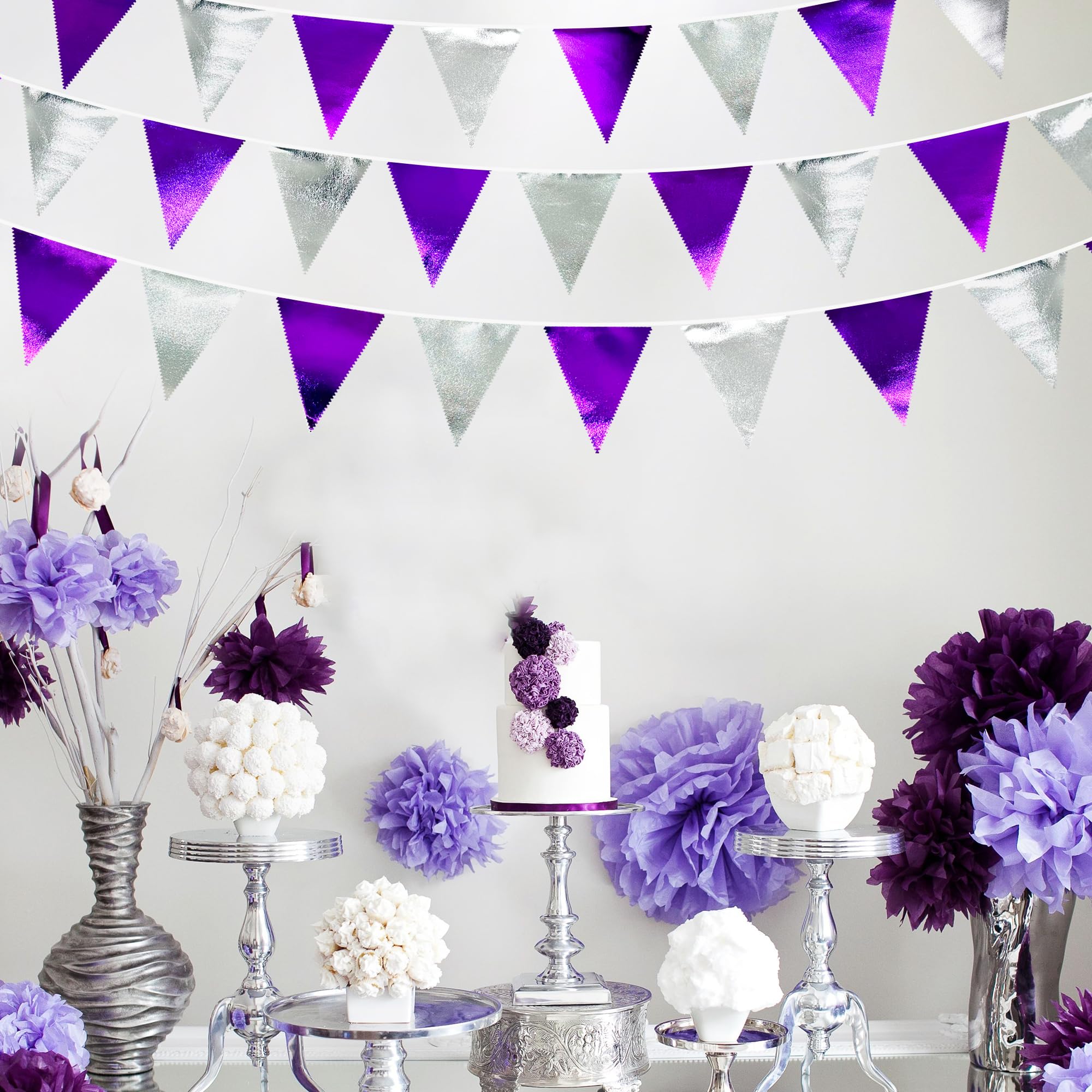 Purple And Silver Party Decorations Triangle Pennant Banner Flag Metallic Fabric Bunting Garland For Birthday Graduation Retirem