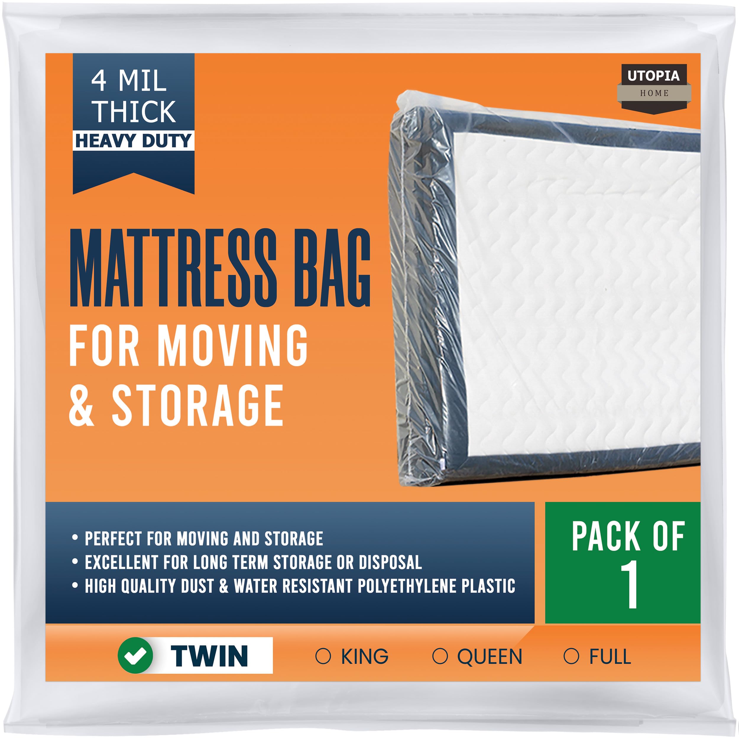 Utopia Home Mattress Bag For Moving Twin Size (Pack Of 1), 4 Mil Thick Mattress Storage Bag, Plastic Mattress Cover, Fits Mattre