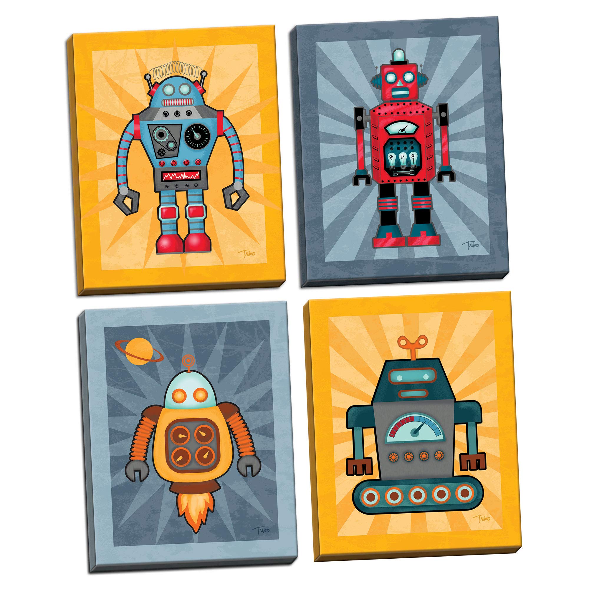 Adorable Robot Poster Set; Kids Room Decor; Four 11 X 14 Hand-Stretched Canvases