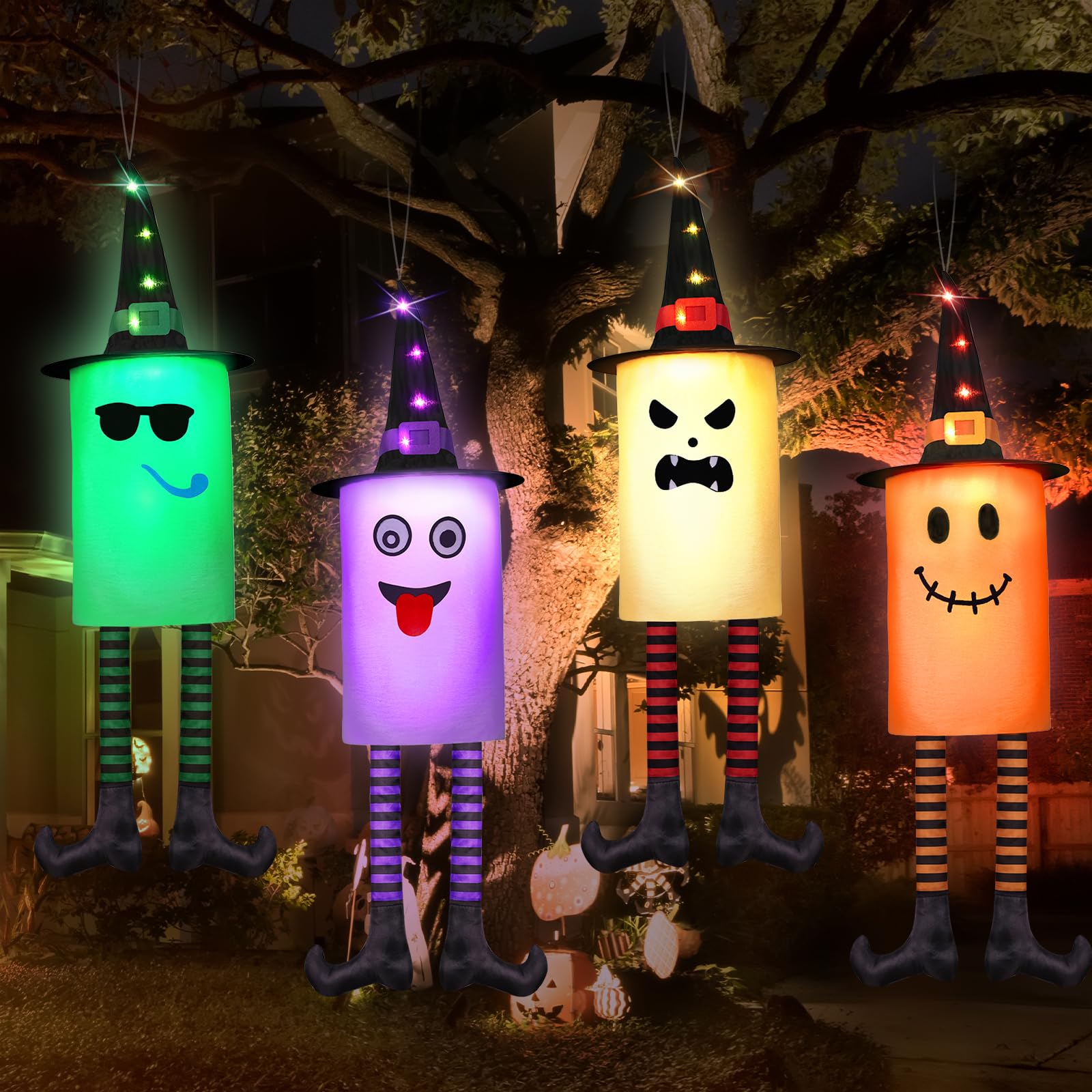 4 Pack Light Up Hanging Ghosts Halloween Decorations Outdoor, Glowing Ghosts with Witch Hats LED Halloween Ghost Lights for Yard