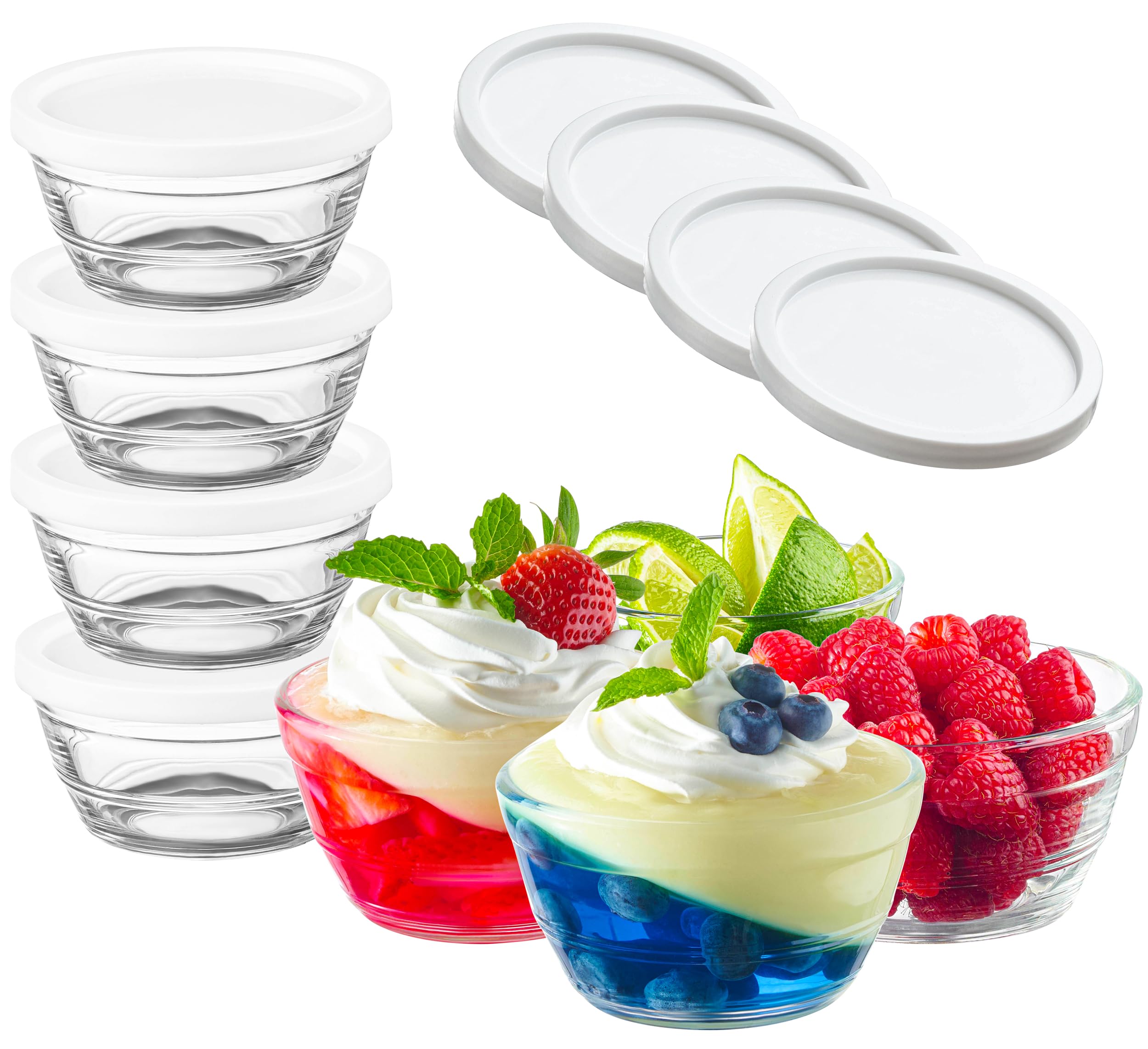 16Pc Set Of Small Glass Bowls With Airtight Lids - 8Oz Stackable Custard Cups - 8 Clear Mise En Place Food Prep Bouillon Cups &