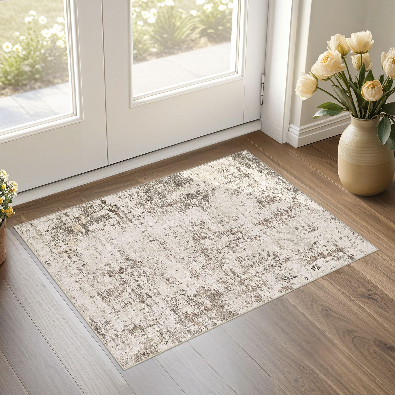UERMEI 2x3 Entryway Area Rug: Washable Neutral Modern Abstract Small Rug - Non-Slip Low Pile Throw Indoor Carpet for Entrance Ki