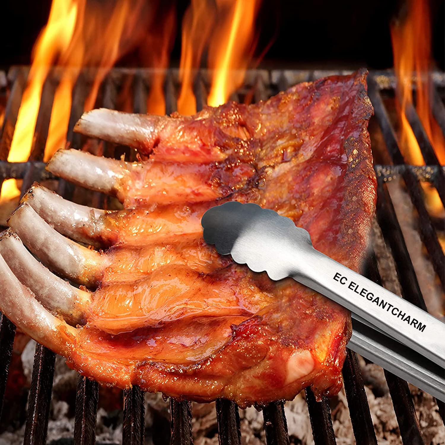 Bbq Tongs For Grilling, 17 Long Kitchen Cooking Stainless Steel Heavy Duty Locking Grill Tongs With Soft Grip Silicone Handle