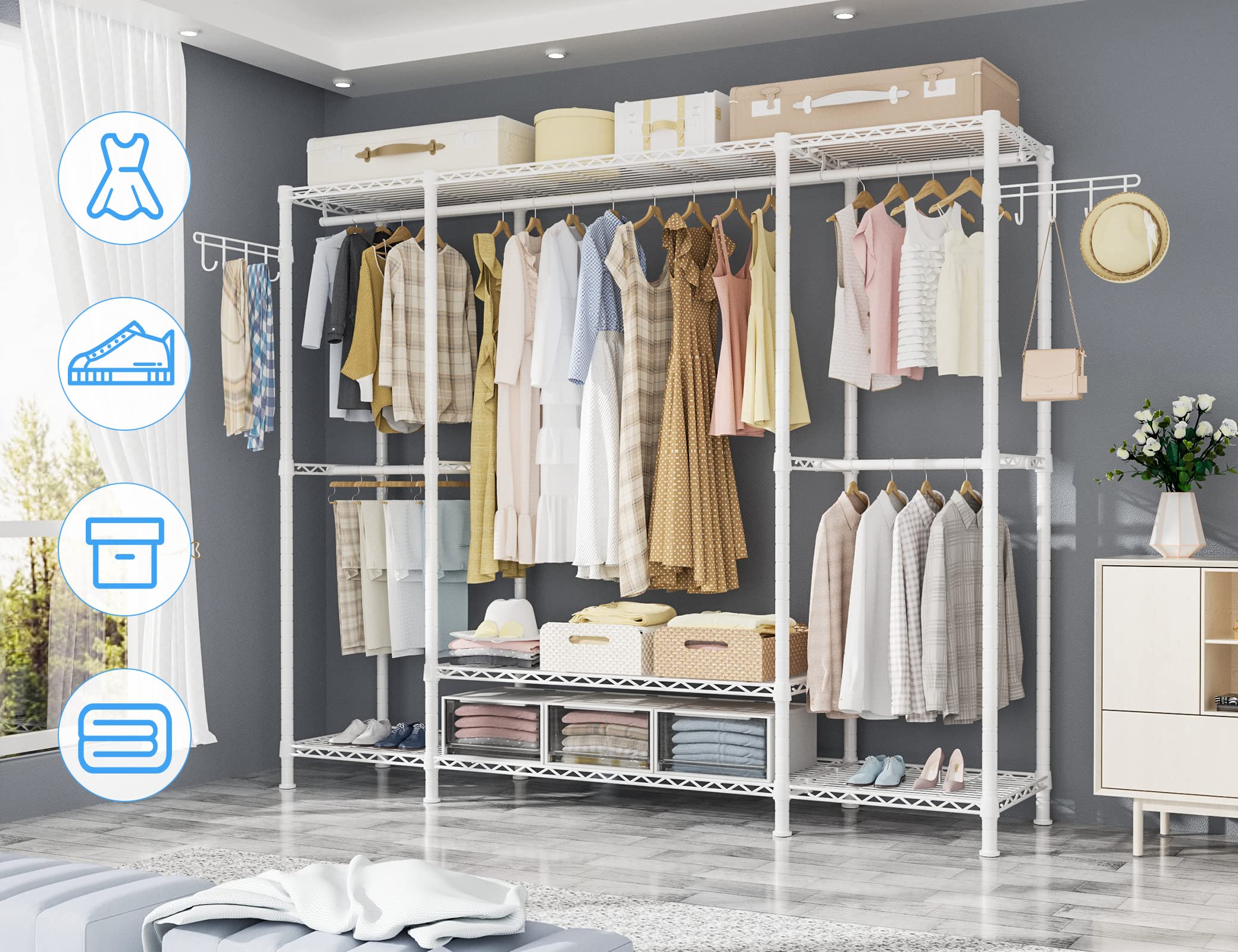 Ulif E3 Heavy Duty Garment Rack, 4 Tiers Freestanding Closet Organizer System With 5 Shelves, Metal Closet Organizer And Storage