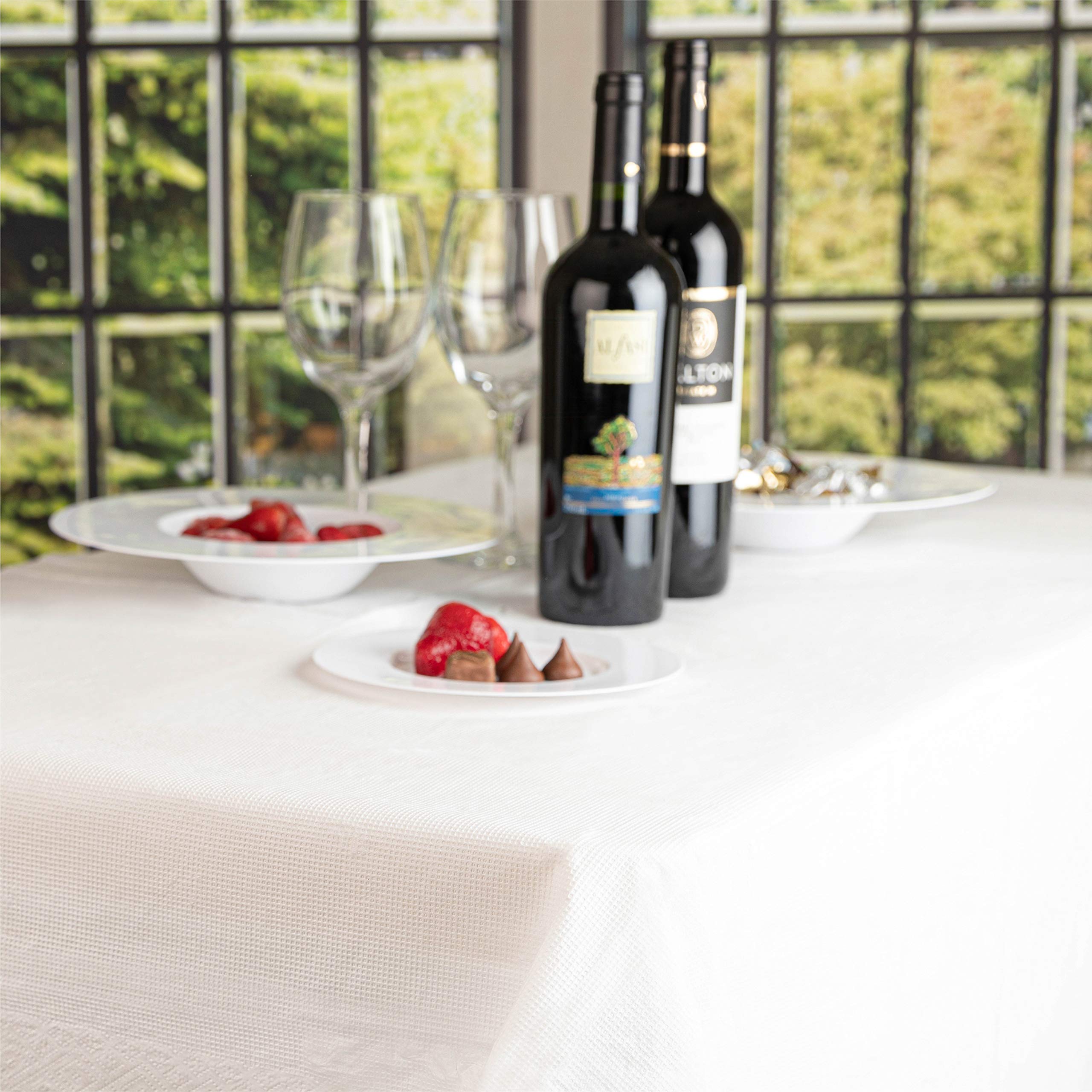 PLASTICPRO Disposable 3 Ply Paper & Plastic Tablecloth Absorbent  Waterproof  White Table Cover for Rectangle Tables fits 6-8 Foot Tables Size: 54'' X 108'' Pack of 5