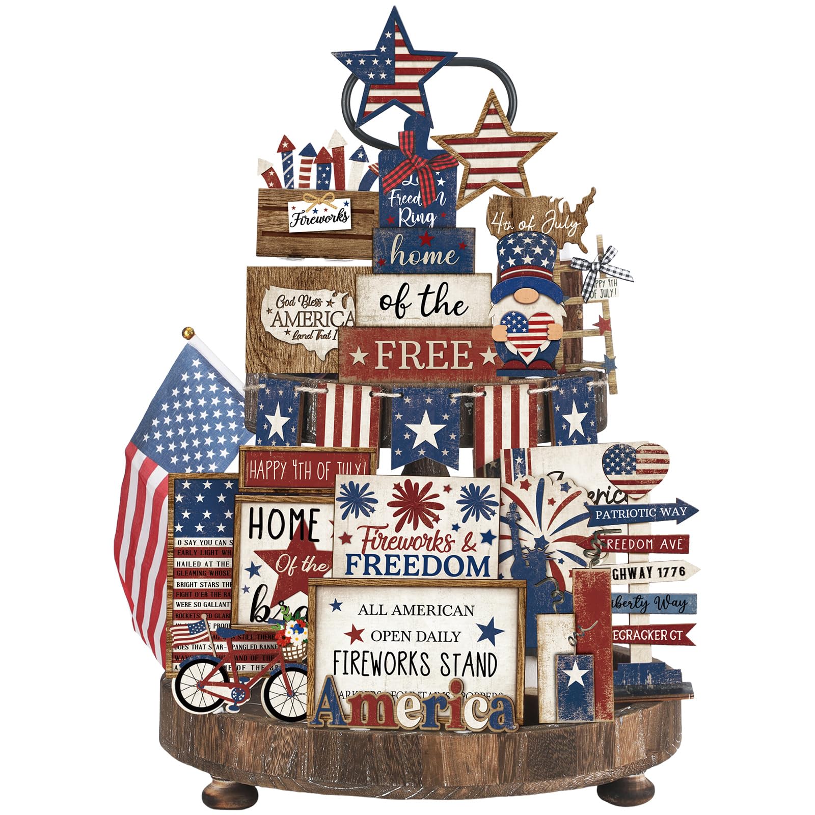 Seeloowy 26 Pcs 4th of July Tiered Tray Decoration Patriotic USA Wood Signs Rustic America Flag Red White and Blue Tiered Tray D