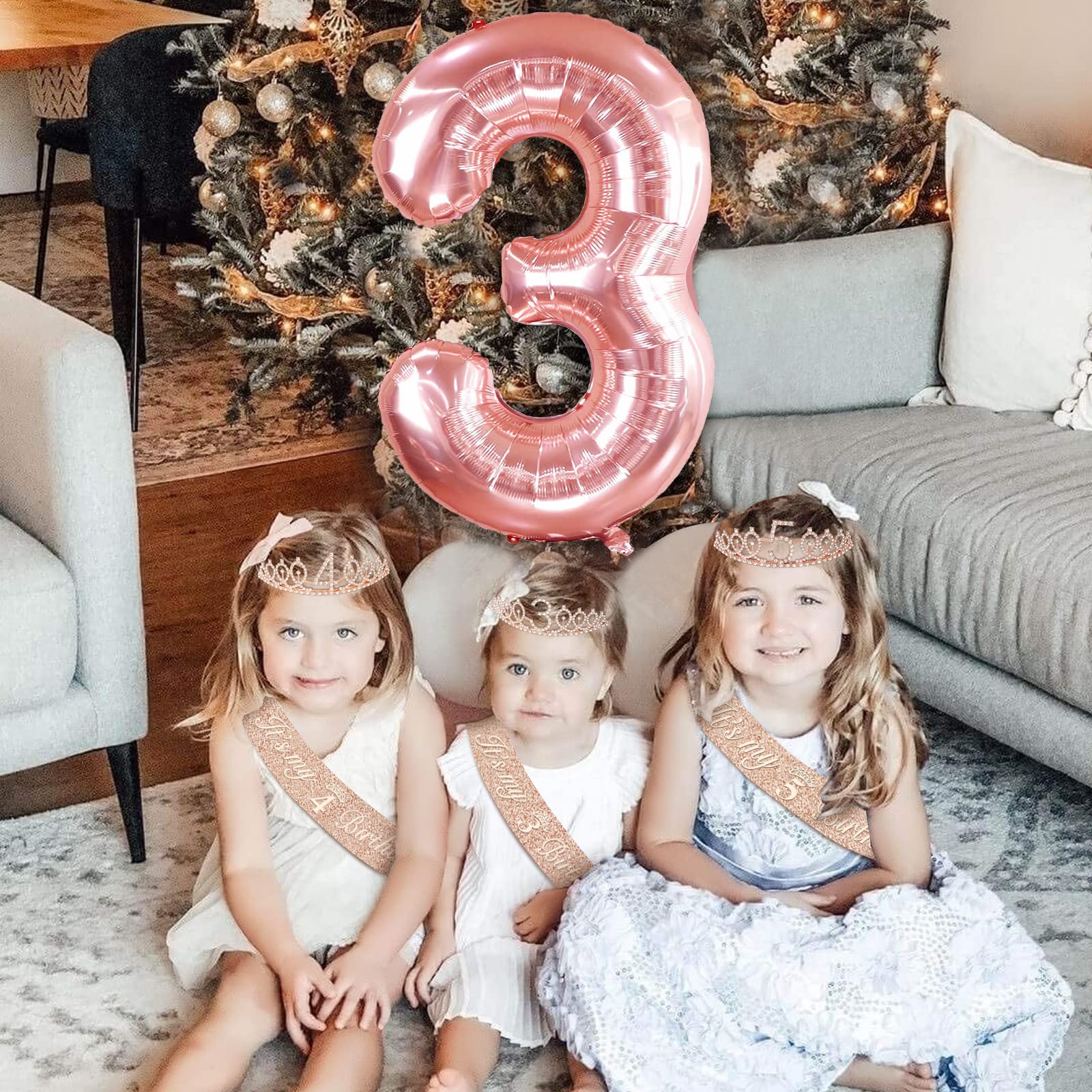 3Rd Birthday Decorations For Girls, Including 3Rd Birthday Sash And Tiara, Number 3 Candles And Cake Toppers, Rose Gold Numeral