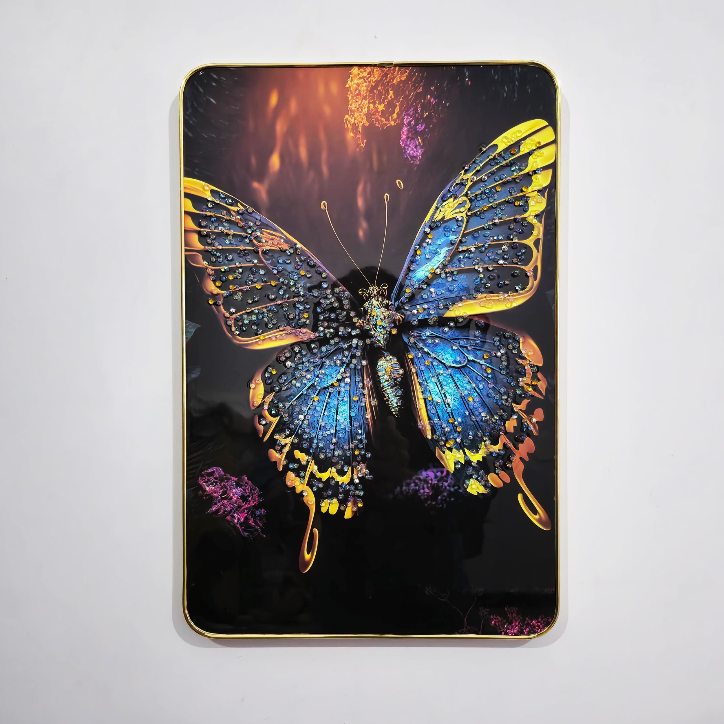 Masstone Decorative Butterfly Wall Painting With Crystal Embedded High Gloss Surface Gold Slim Frame Embossed, 45X30 Cm Wall Han