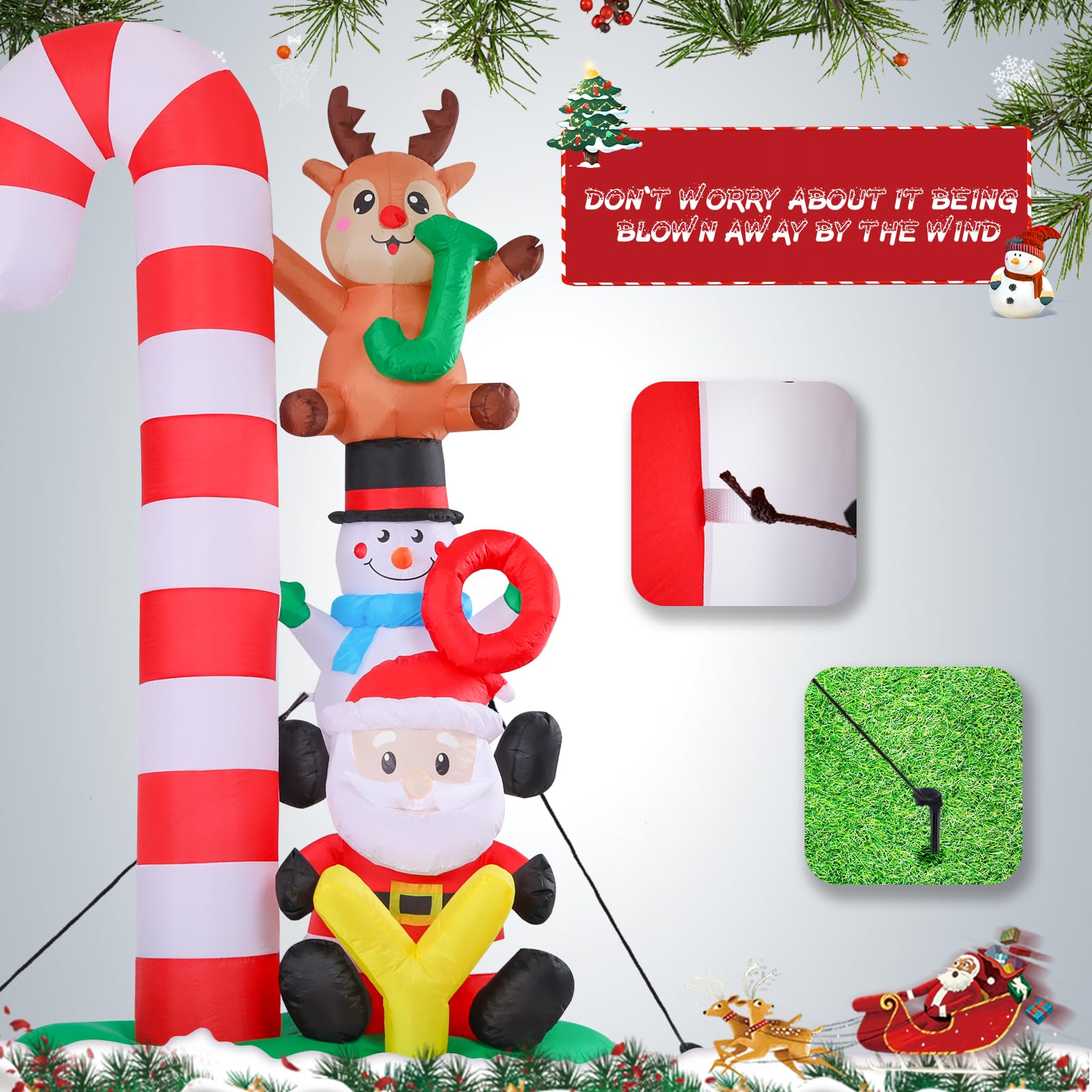 Risenor 7.8 FT Height Christmas Inflatables Candy Cane with Santa Snowman Reindeer Outdoor Decorations, Inflatables Christmas Bl